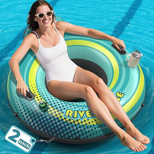 Miniatura 10 de Flotador de tubo de río resistente de 53 pulgadas para adultos, flotador inflable para piscina, lago y playa con portavasos incorporados, respaldo