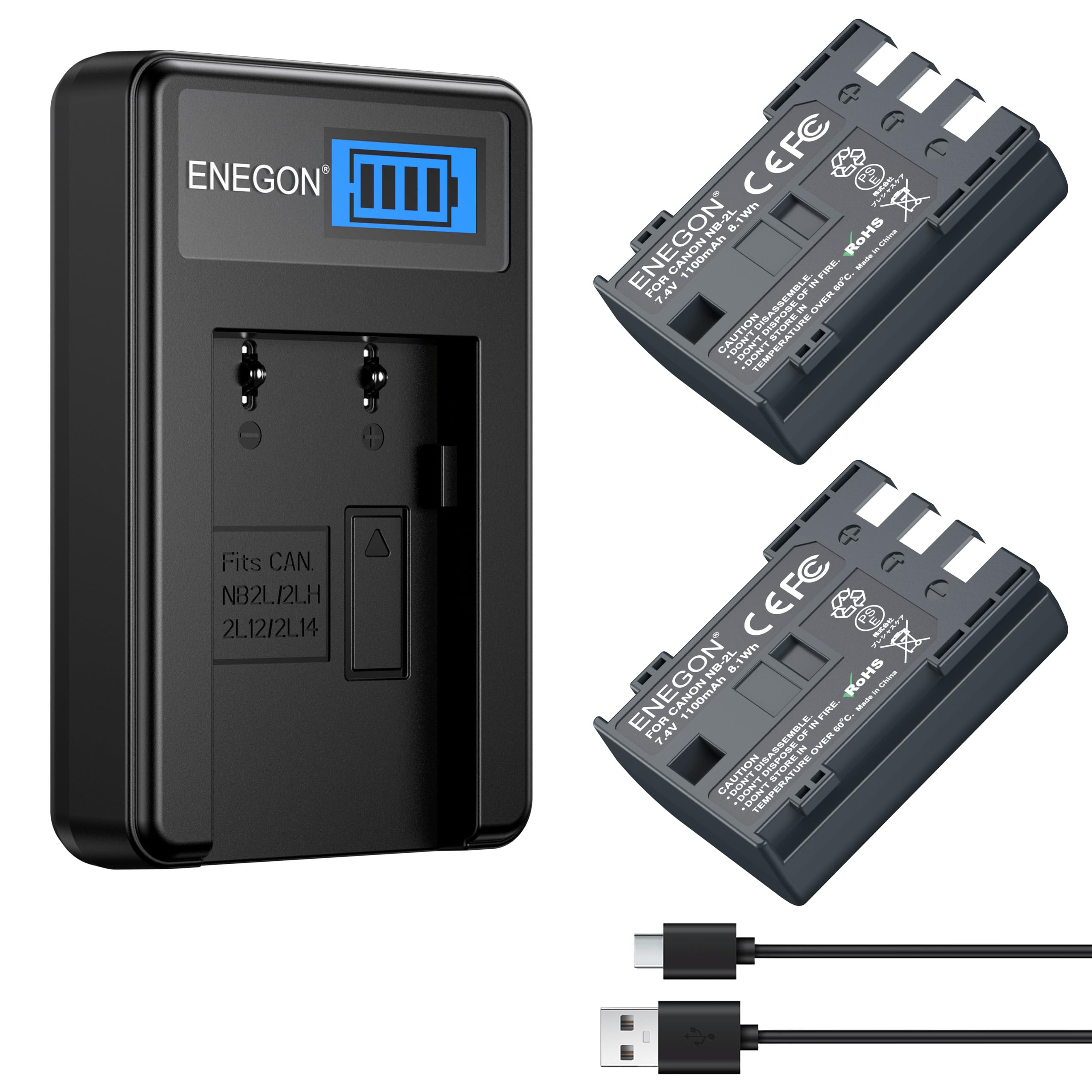 ENEGON Batería NB-2L NB-2LH, 2x1100mAh Baterías de Repuesto de con Cargador y Cable USB-C, para Canon EOS 350D, 400D, PowerShot G7, G9, S30, S40, S60, S45, S50, S55, S70, S80, ZR950, ZR960