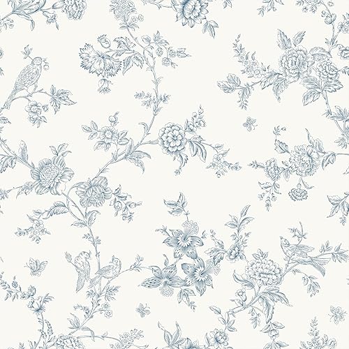 VEELIKE Papel tapiz vintage azul Toile para despegar y pegar, papel tapiz floral de pájaros de cabaña bohemio para dormitorio, baño, 17.7 x 118