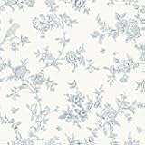 VEELIKE Vintage Blue Toile Wallpaper Peel and Stick Boho Cottage Birds Floral Wallpaper for Bedroom Bathroom 17.7''x118'' Self Adhesive Removable Chinoiserie Wall Décor Contact Paper for Cabinets