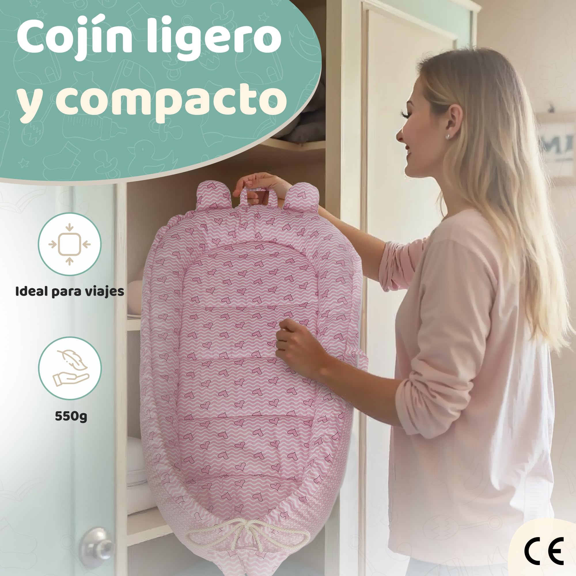 Nido neonato 90x50cm - Letto nido per bebè - Riduttore per culla - Mini culla - Cesta per neonato - Culla portatile o da viaggio - Mussola leggera 80x80cm - 100% cotone (Cuori rosa)