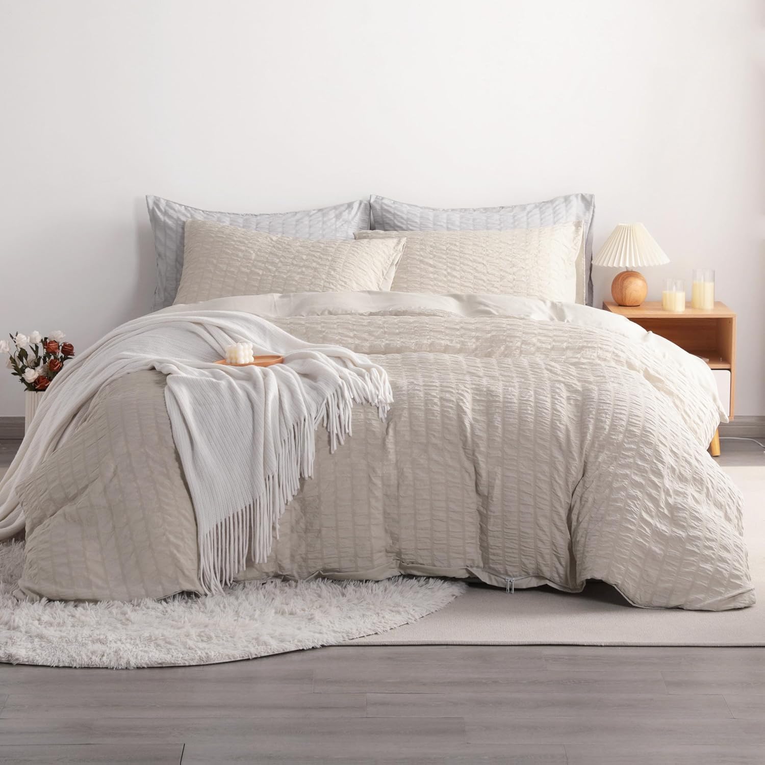 ( similar) NTBAY 3 Pieces Queen Duvet Cover Set, Seersucker Textured Stripe Washed Microfiber Comforter Cover with Zipper Closure, 90x90 Inches, Taupe Taupe Full/Queen