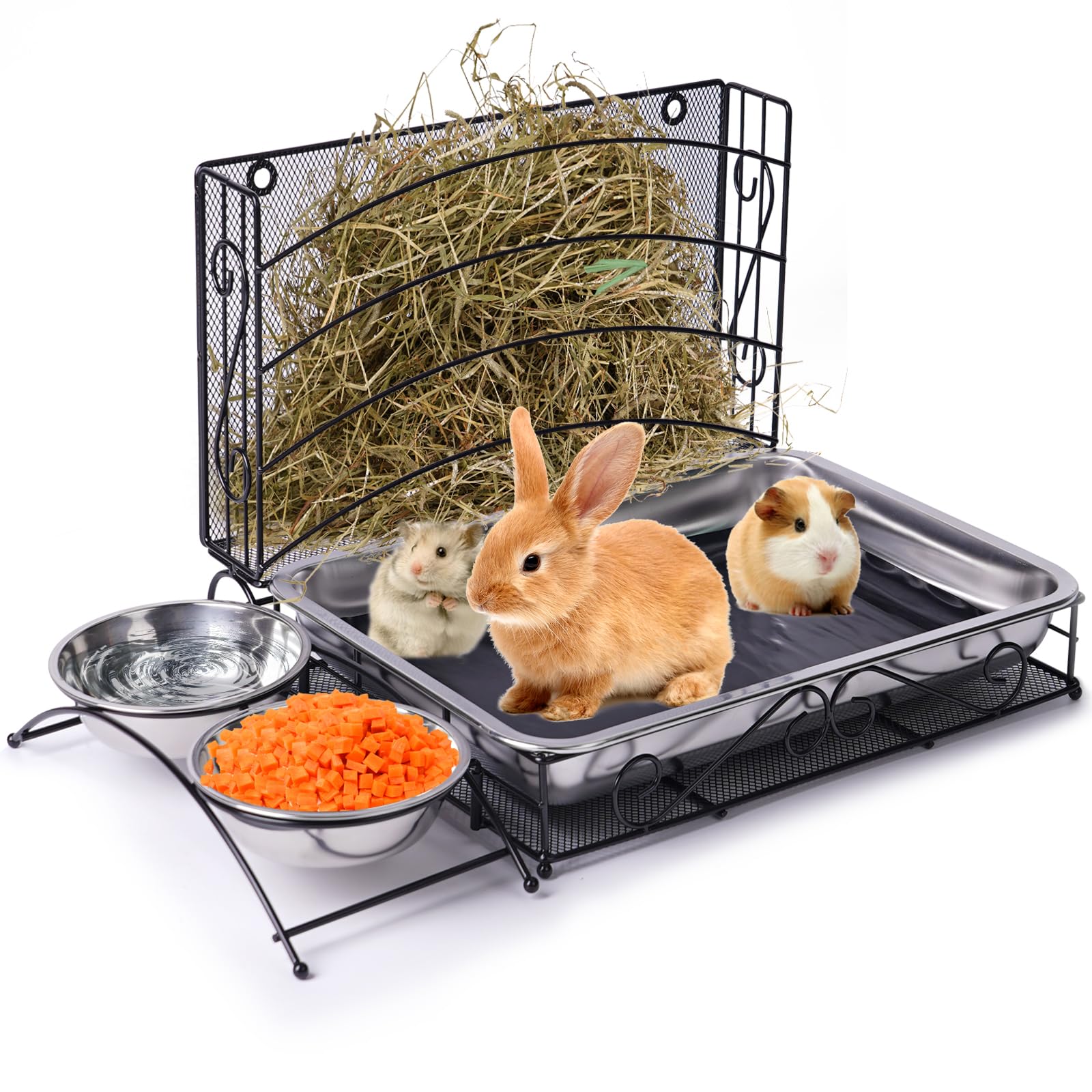 3 In1 Rabbit Hay Feeder with Litter Box Metal Bunny Feeder No Mess Hay Feeding with Water Food Bowls for Guinea Pig Rabbit Chinchillas Small Animal