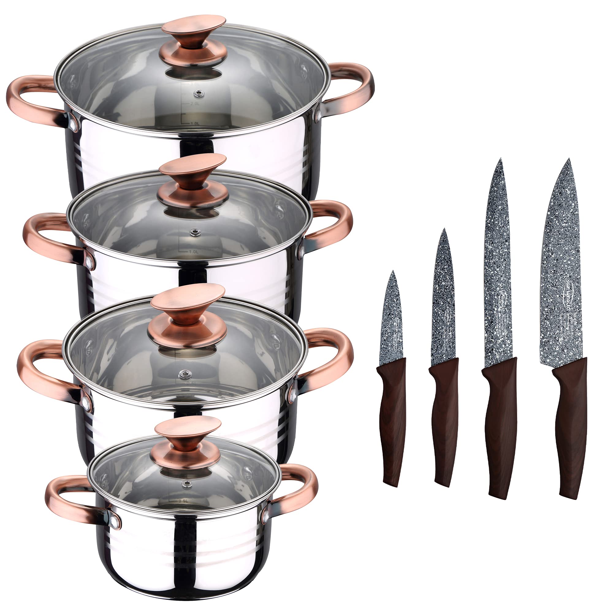 San Ignacio Bateria de cocina 8 piezas apta para induccion Altea en acero inoxidable con set de 4 cuchillos de cocina de acero inoxidable Daimiel