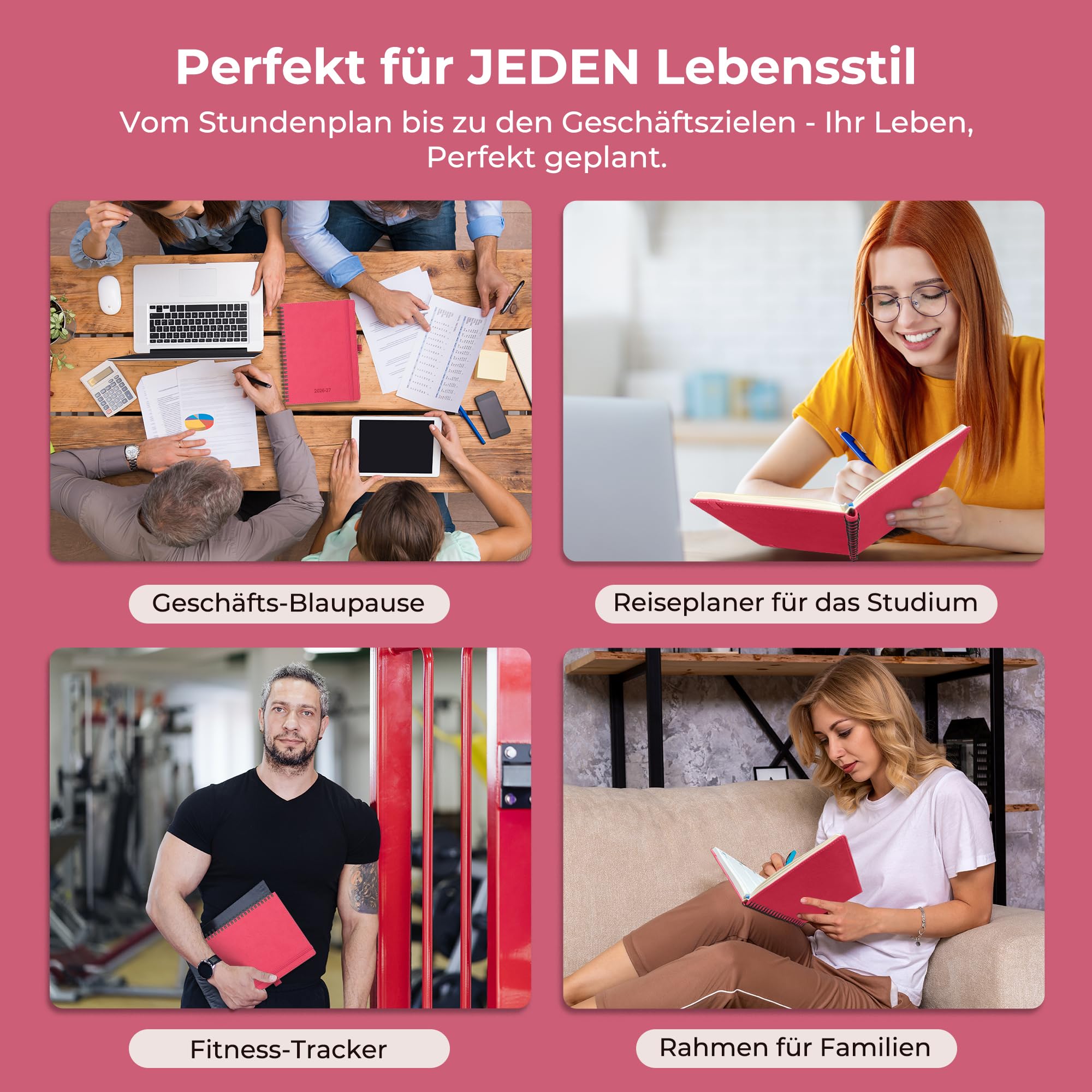 Kalender 2026 2027 Wochenplaner,A5(21,9x 16,2cm),18-Monate Buchkalender (Jul.2026-Dez.2027) Ringbuch mit Softcover,wochenkalender mit selbstklebendem Stifthalter,Rosenrot,Querformat.