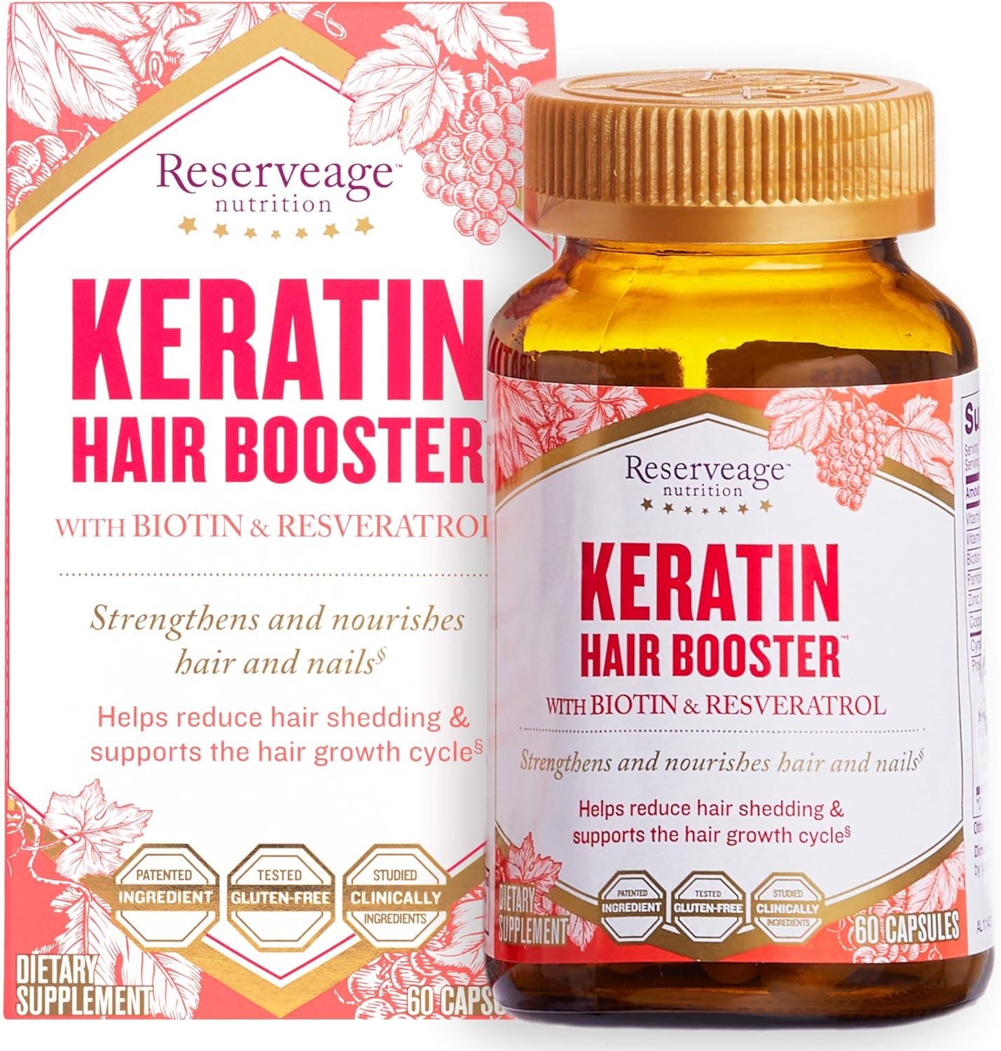 Reserveage Nutrition Keratin Hair Booster with Biotin & Resveratrol, Hair and Nail Growth Supplement for Men and Women, Supports Healthy Thickness and Shine with Biotin, 60 Capsules (30 Servings) Reserveage Nutrition Keratin Hair Booster with Biotin & Resveratrol, Hair and Nail Growth Supplement for Men and Women, Supports Healthy Thickness and Shine with Biotin, 60 Capsules (30 Servings)