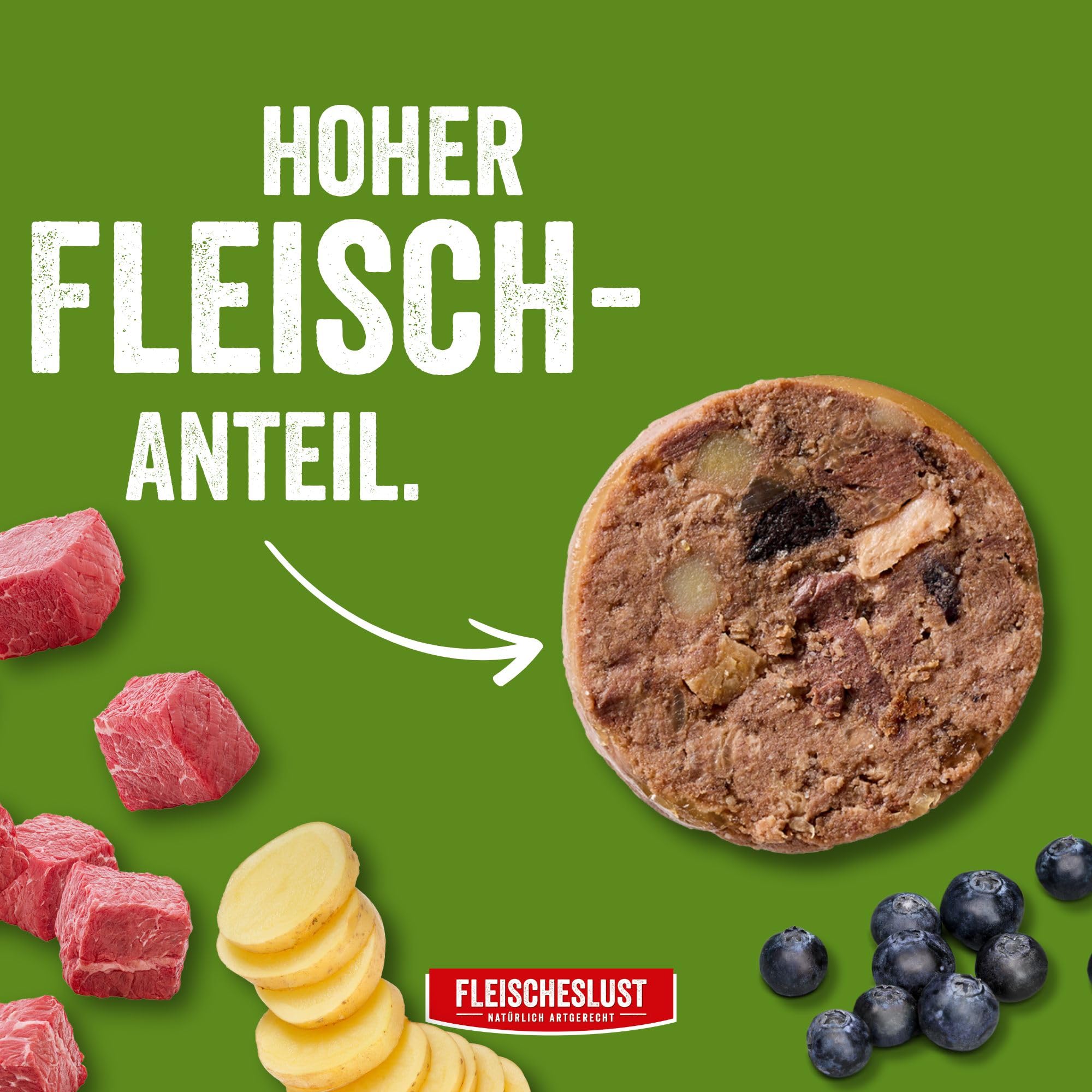 Fleischeslust Salchichas para perros, caza y ternera con patatas y arándanos, 6 x 800 g, comida húmeda, resistente a los cortes, sin cereales, pienso completo para perros adultos