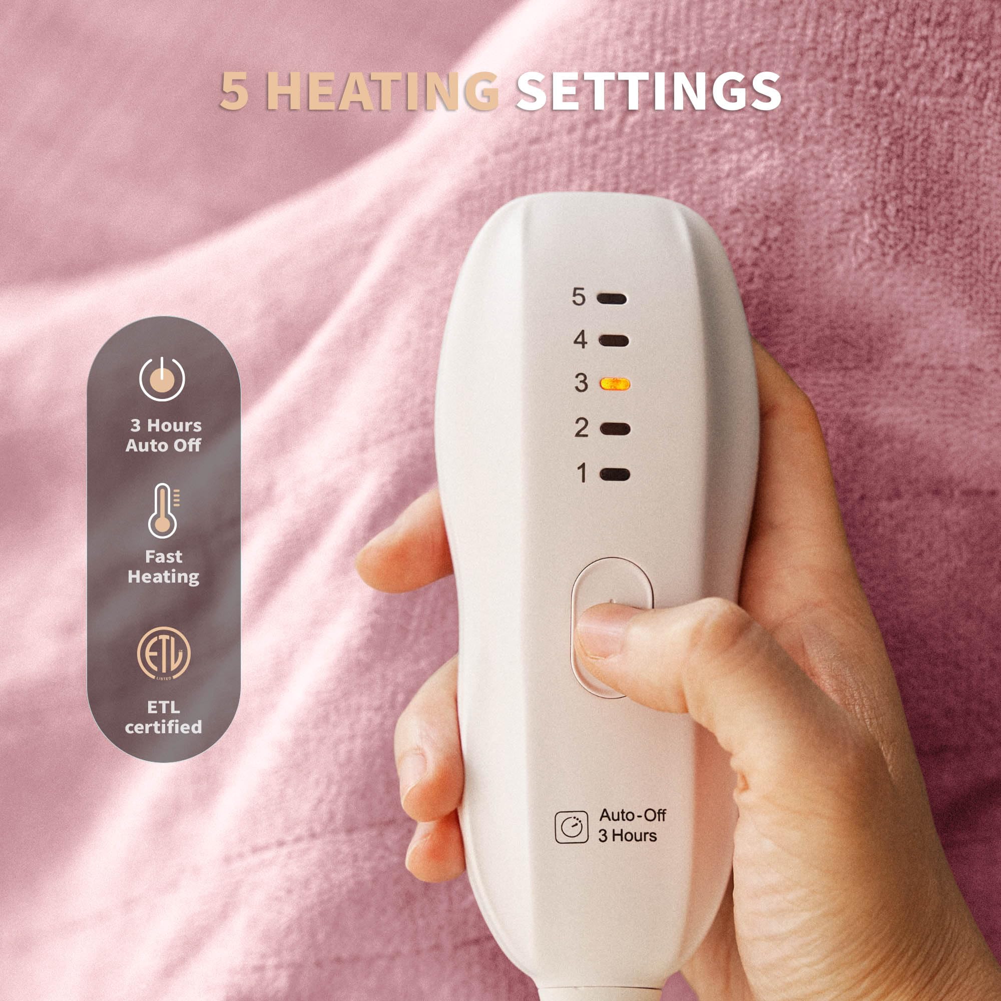 JET'S HOME Heated Blanket 50"x60" - ETL&FCC Certified Flannel Electric Blanket Machine Washable Heating Throw with 5 Heating Levels 3 Hours Auto-Off Overheating Protection Gift for Women (Pink)