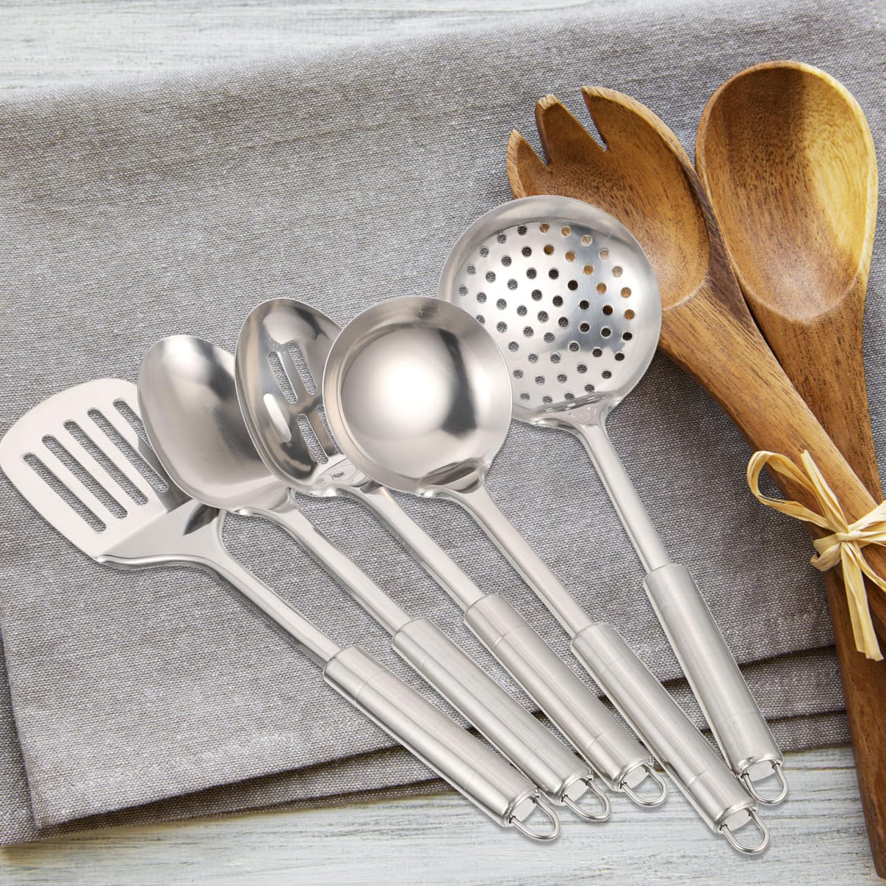 1 ensemble d'ustensiles de cuisine en acier inoxydable, spatules de cuisine, cuillères à soupe, ustensiles de service en acier inoxydable, ensemble de couverts antiadhésifs, ustensiles de