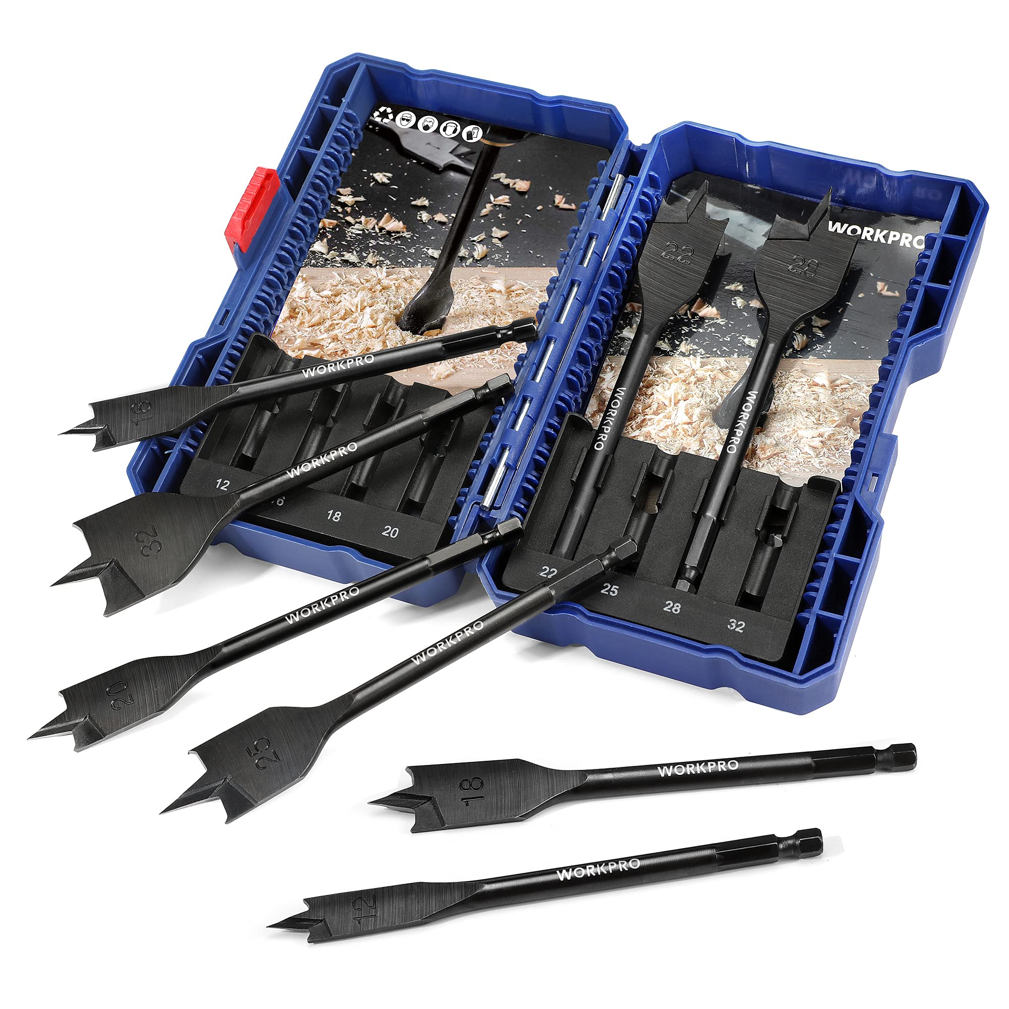 WORKPRO 8pcs Flat Wood Drill Bit Set for Wood Drill Bits Set 6.35mm 12mm 16mm 18mm 20mm 22mm 25mm 28mm 32mm Storage Case