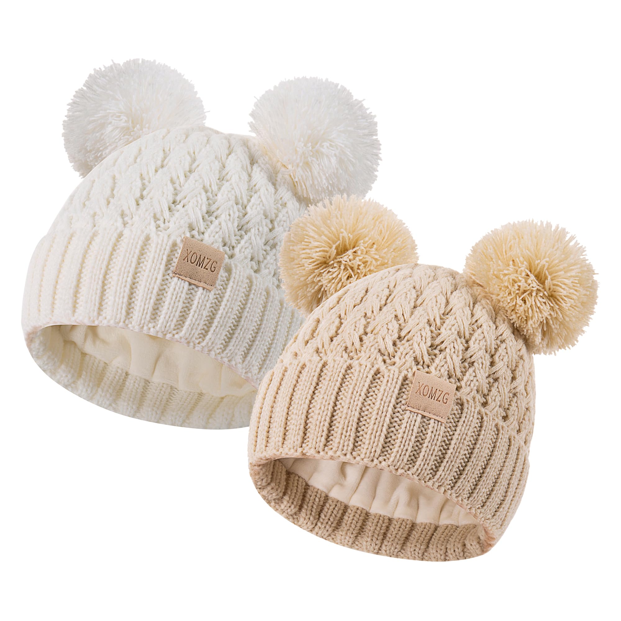 Toddler Winter Beanie Hat, Infant Winter Warm Knit Fleece Lined Cap for Girls Boys with Pom Pom for 0-36 Months 2 Packs