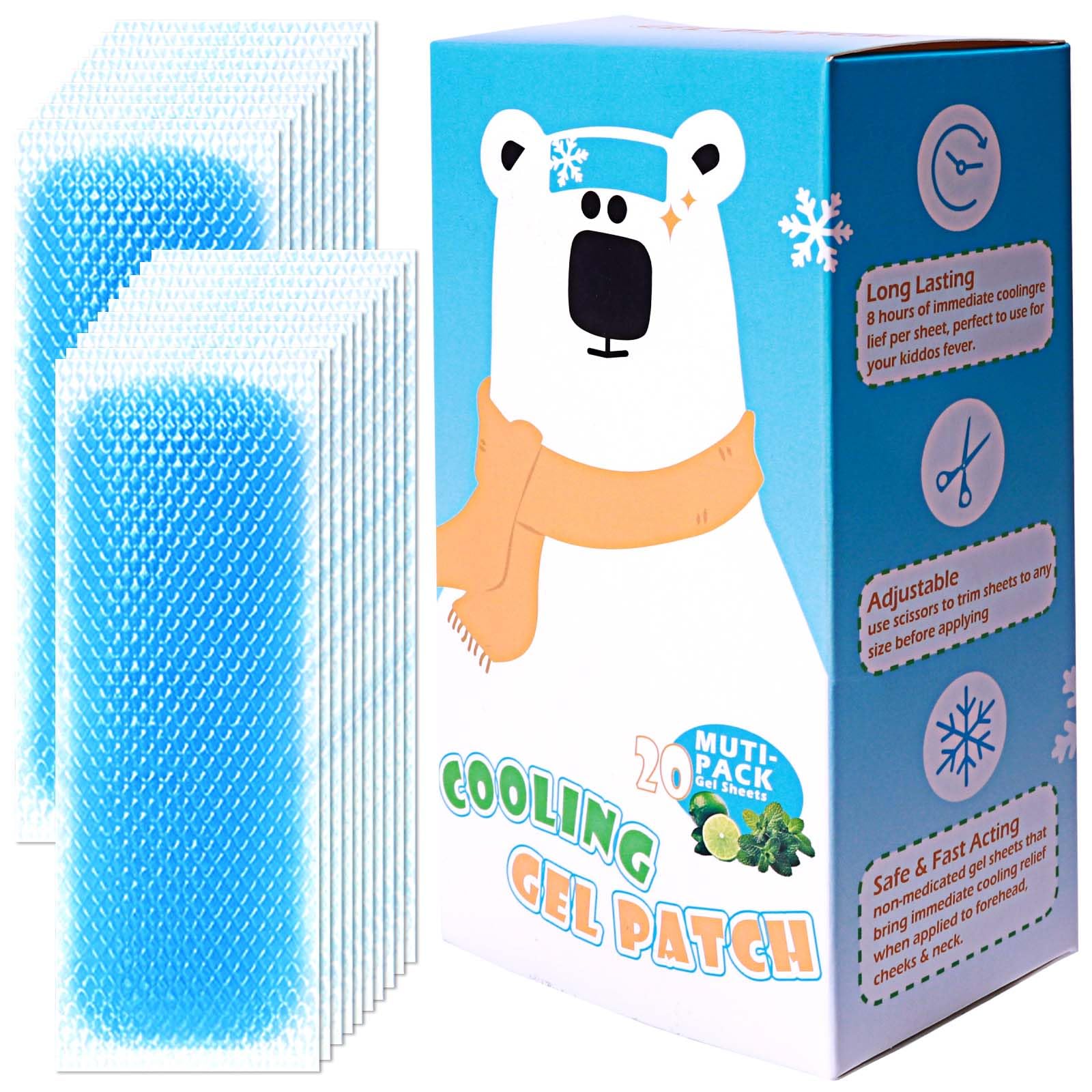 Kühlende Gel-Pflaster für Kinder (20 Blatt) – beruhigende Linderung bei Fieber und Kopfschmerzen, Kinder-Fieberpflaster, Kühlpflaster, sofortige Kühlpackung, weich und sanft für Kinder und Erwachsene