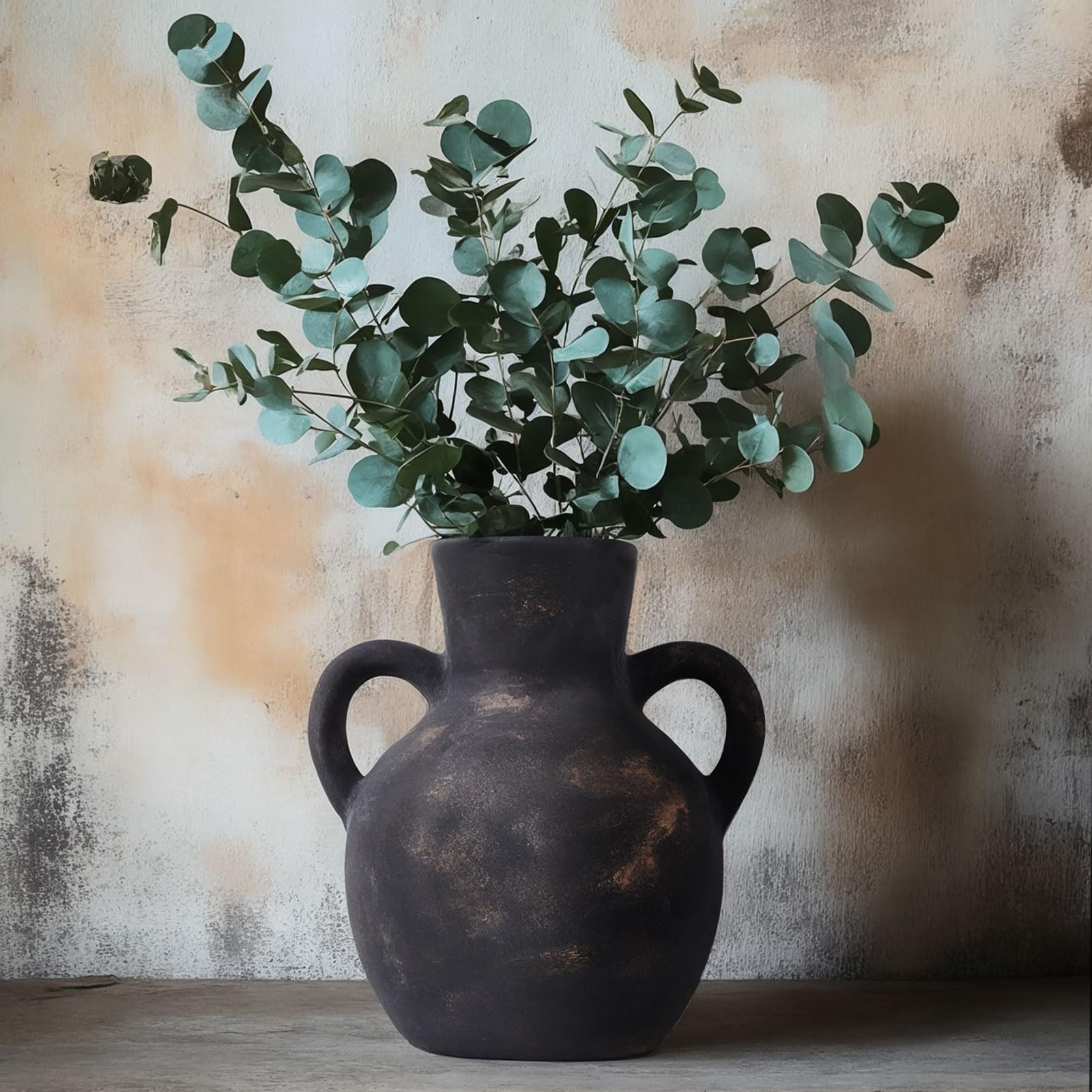 Jarrón de cerámica rústica con 2 asas, jarrón de terracota negra, jarrón decorativo de cerámica para decoración del hogar, mesa, boda, sala de estar, decoración de estantes (negro)