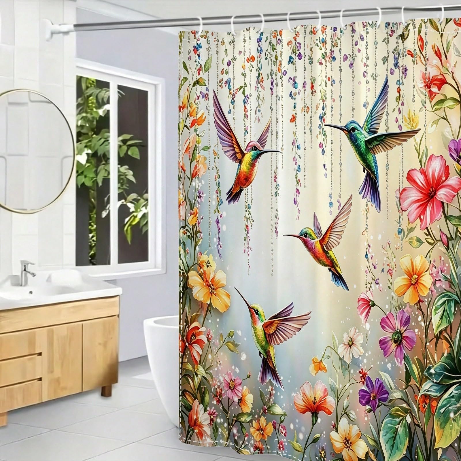 GLKSDLPO Watercolor Blooming Flower Multicolor Hummingbird Print Shower Curtain|Bathroom Decor|Decorative Shower Curtain(120x210cm/47x83in(WxH)