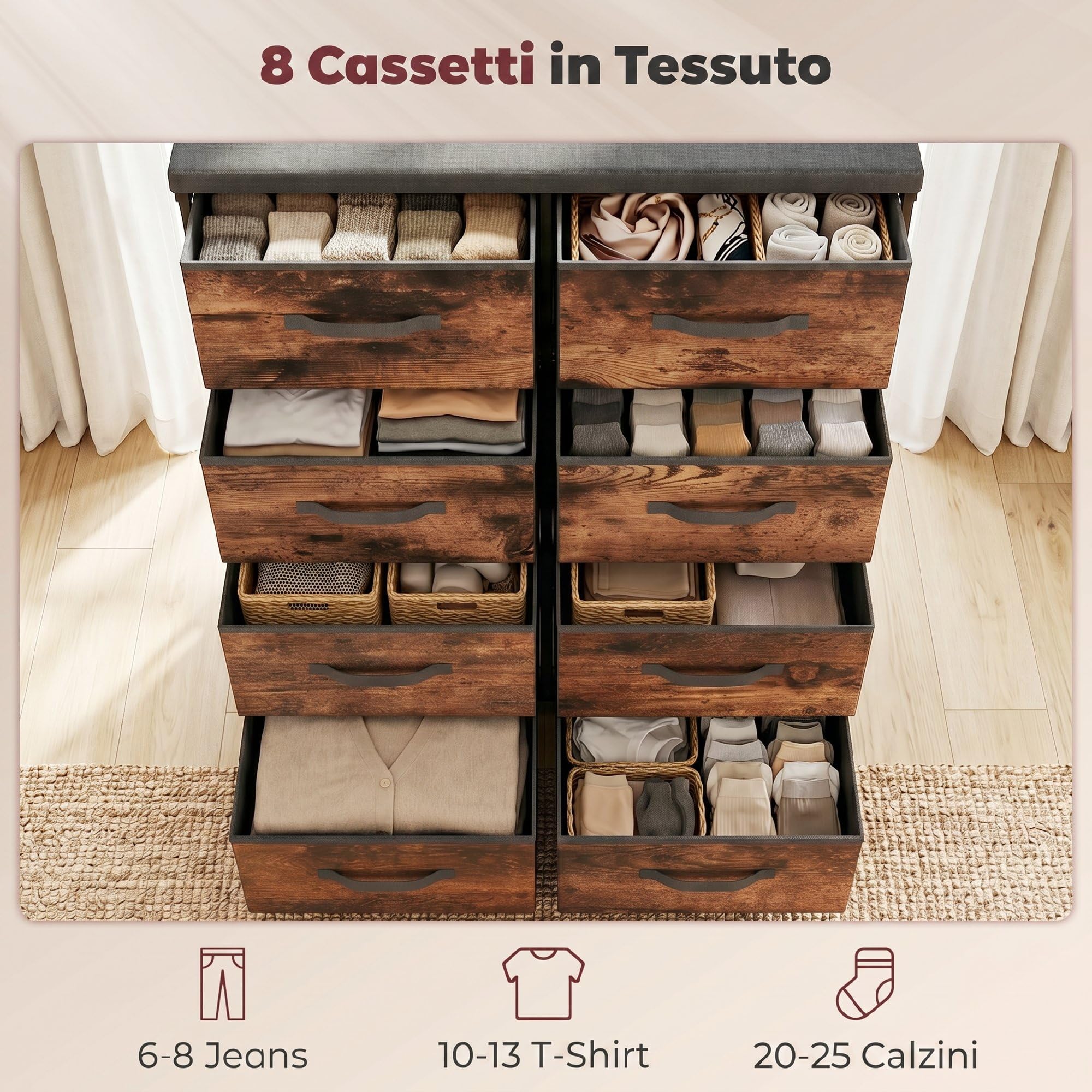 HOMCOM Cassettiera in Tessuto 8 Cassetti 84.5x30.5x100 cm Marrone Rustico | Salvaspazio, Mobile con Cassetti Industriale in Metallo, per Camera da Letto, Bagno e Soggiorno