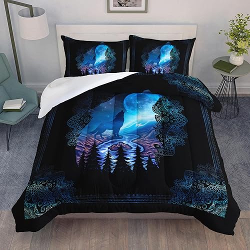 AILONEN Juego de edredón de lobo, tamaño Queen, juego de edredón bohemio de lobo aullando de lobo, juego de ropa de cama para niños y niñas de 3
