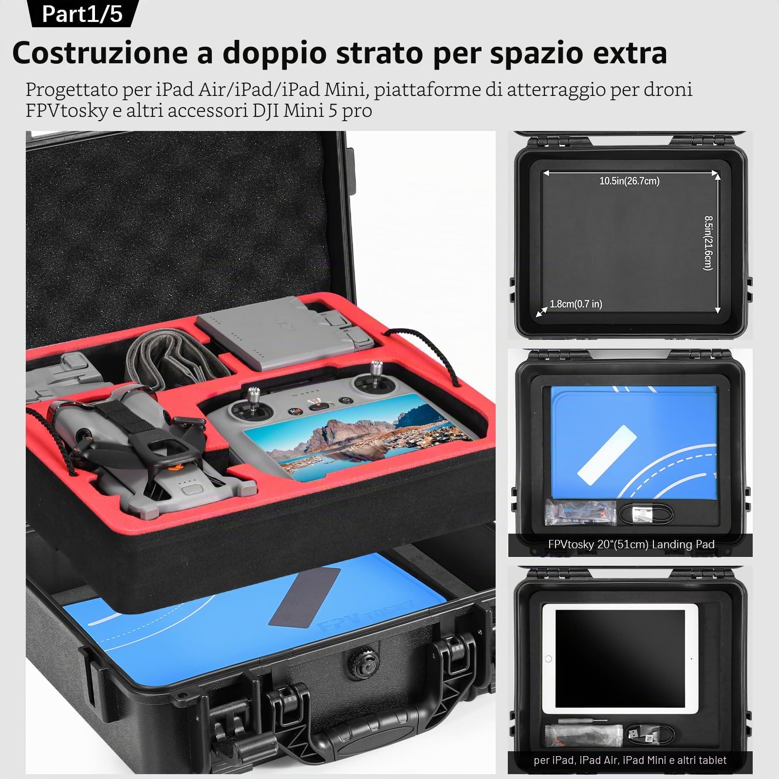 Set di accessori in valigia rigida FPVtosky per DJI Mini 5 Pro, set di accessori per droni include valigia a due strati, posto di atterraggio, cordino, pellicola protettiva per lo schermo, copertura