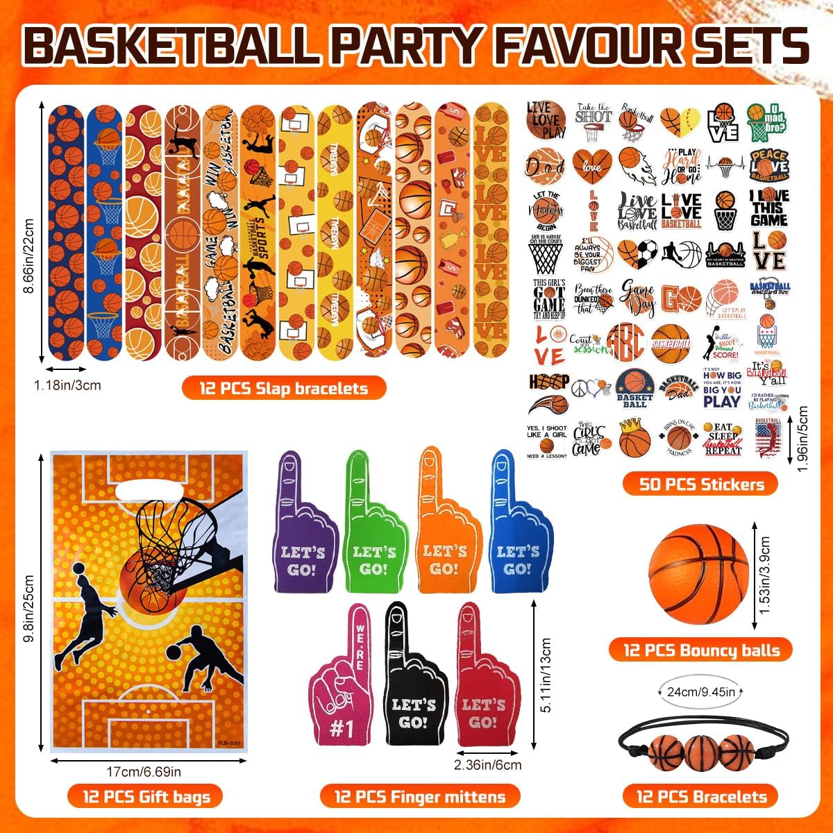 110 Pcs Basketball Party Favor Set, Including - Mini Stress Balls, goodie Bags, sports mini foam fingers, Stickers, Slap Bracelets, basketball bracelets for Birthday Party Supplies - Image 2