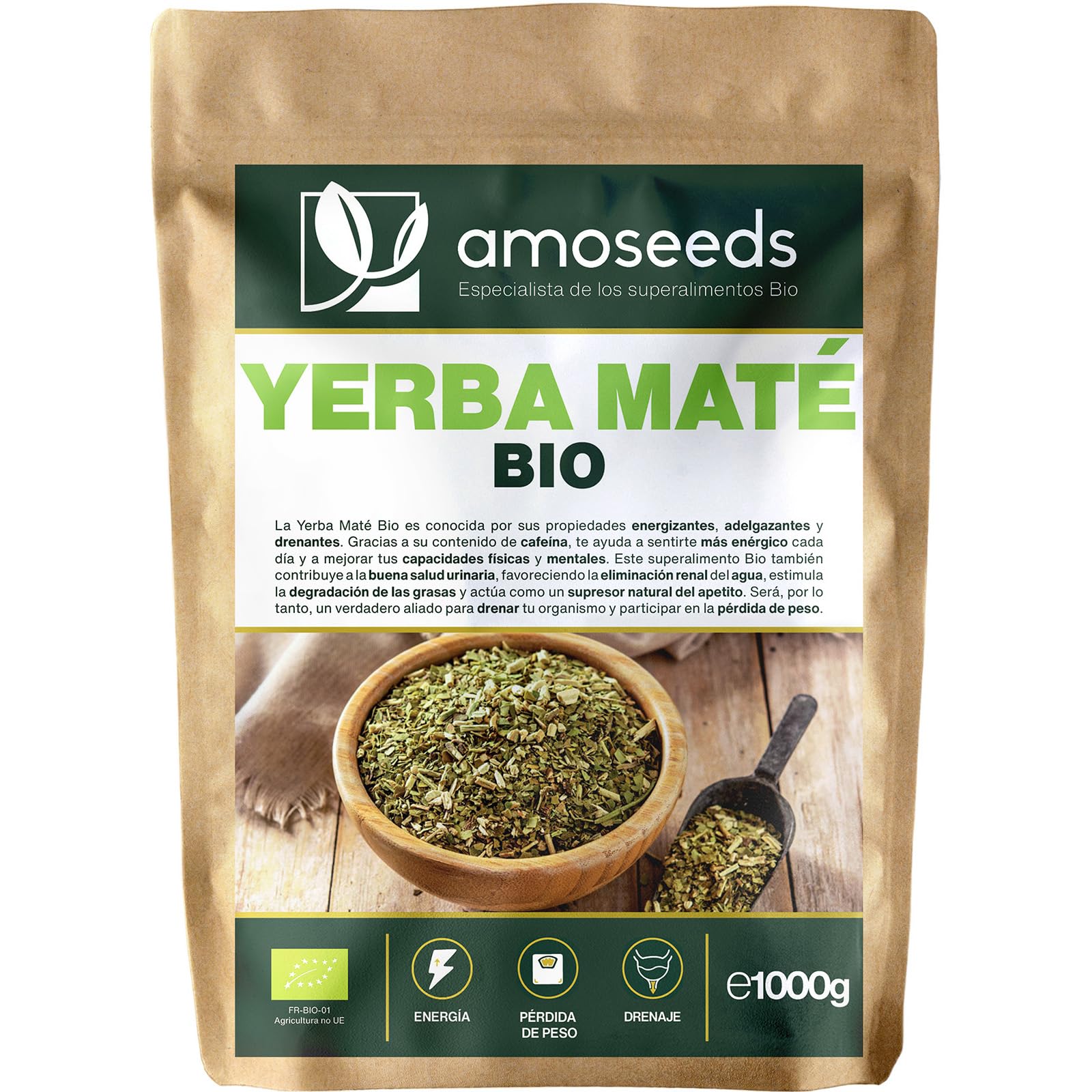 Yerba Maté BIO 1KG | Yerba mate verde sin fumar | 100% hojas, sin tallo | Energía, alternativa al café | Primera Calidad