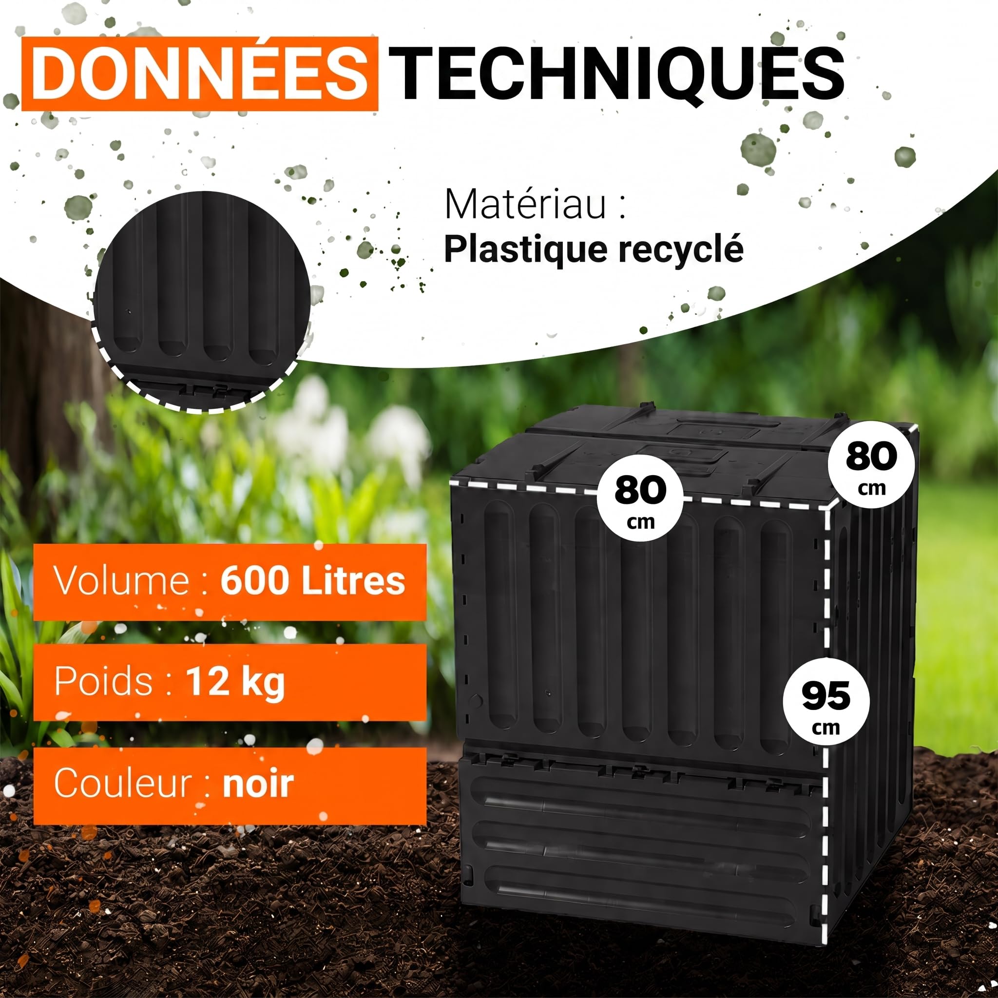 GARANTIA ECO-King Composteur 600 L, Noir