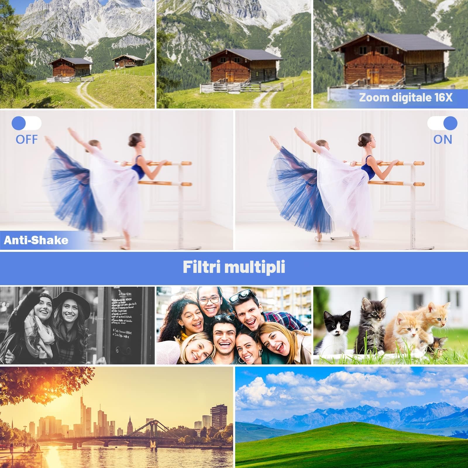 CCN Fotocamera Digitale 4K 48MP, Fotocamera con schermo 3.0" ribaltabile a 180°, fotocamera compatta con zoom digitale 16X, obiettivo grandangolare e obiettivo macro, scheda TF da 64GB, WiFi, nero
