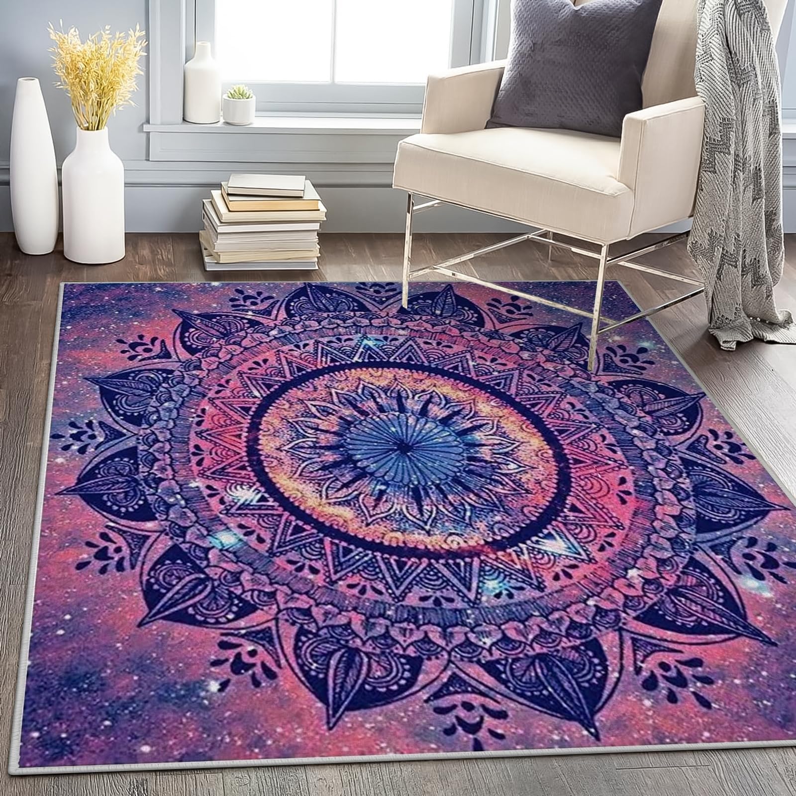 buyluhn Teppich Quadratisch 250x250 Waschbar in Waschmaschine Mandala Teppich Kurzflor Lila Teppich Gegend rutschfest Dünn Saugfähig für