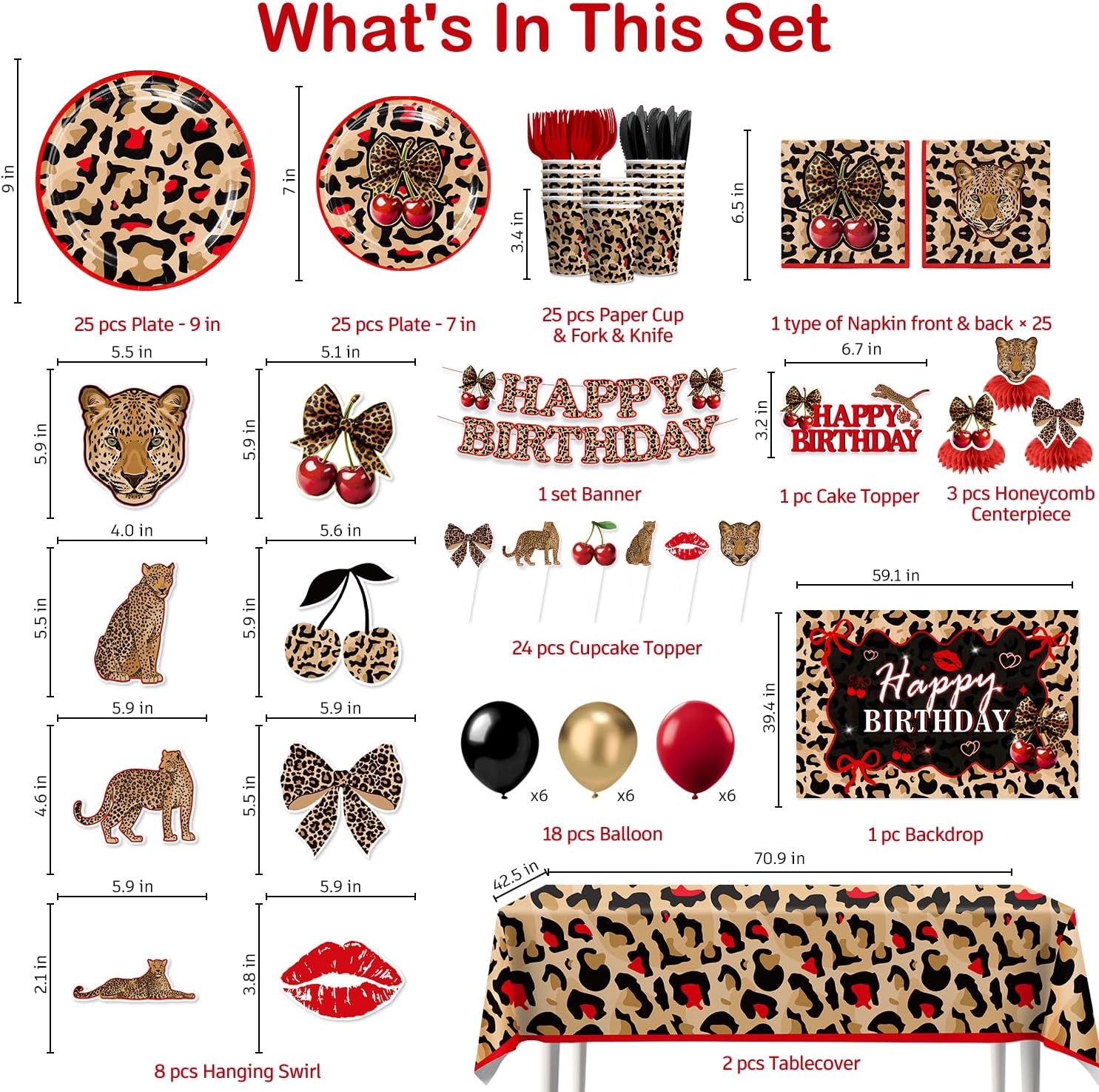 208pcs Red Cheetah Print Birthday Decorations for 25 Guests, All-in-one Set with Pre-strung Banner Plates Backdrop Balloons Tablecloths, Easy Assembly Cheetah and Cherry Birthday Decorations