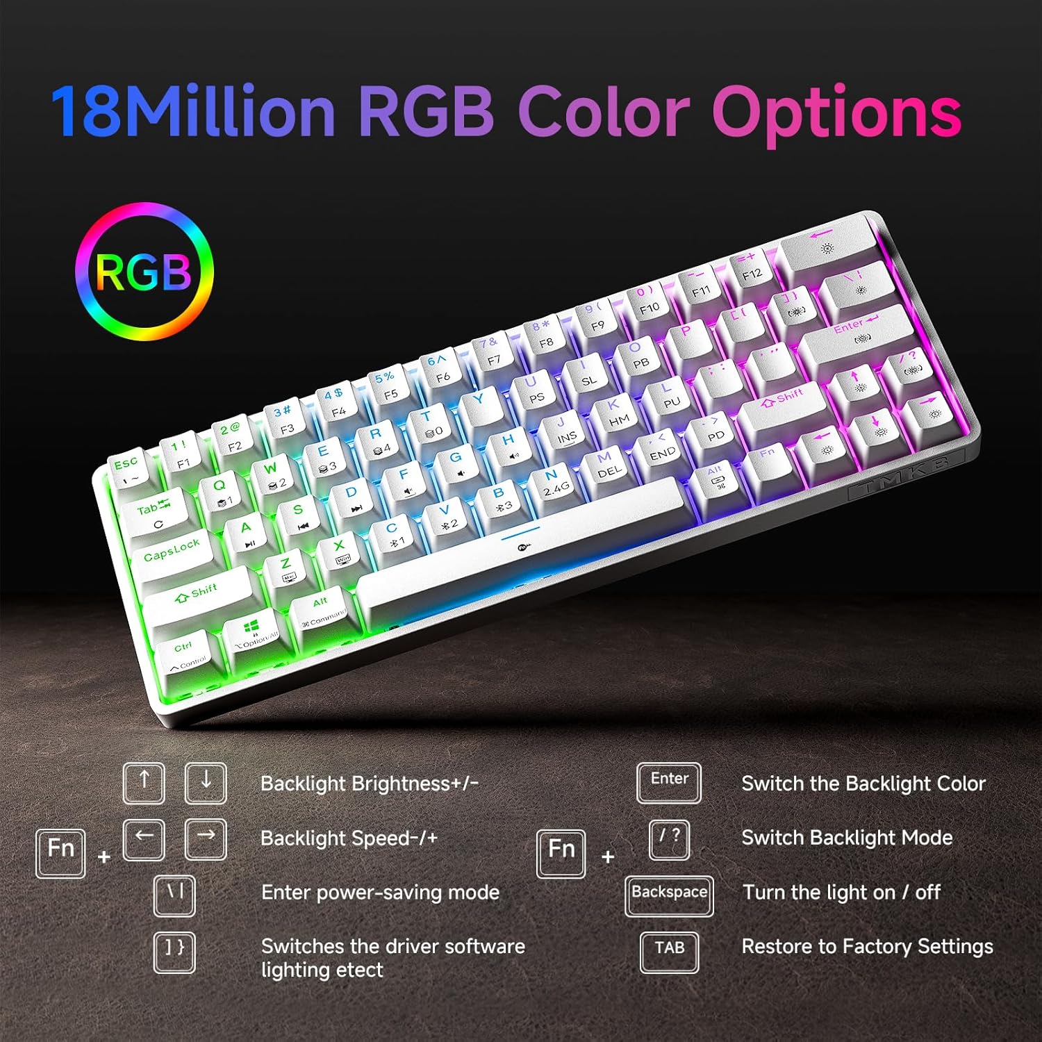 TMKB T63 Gaming Keyboard, 60% Wireless Mechanical Keyboard with Bluetooth/2.4G/Type-C, Compact 63 Keys Anti-Ghosting, RGB Backlight, Linear Red Switch - White