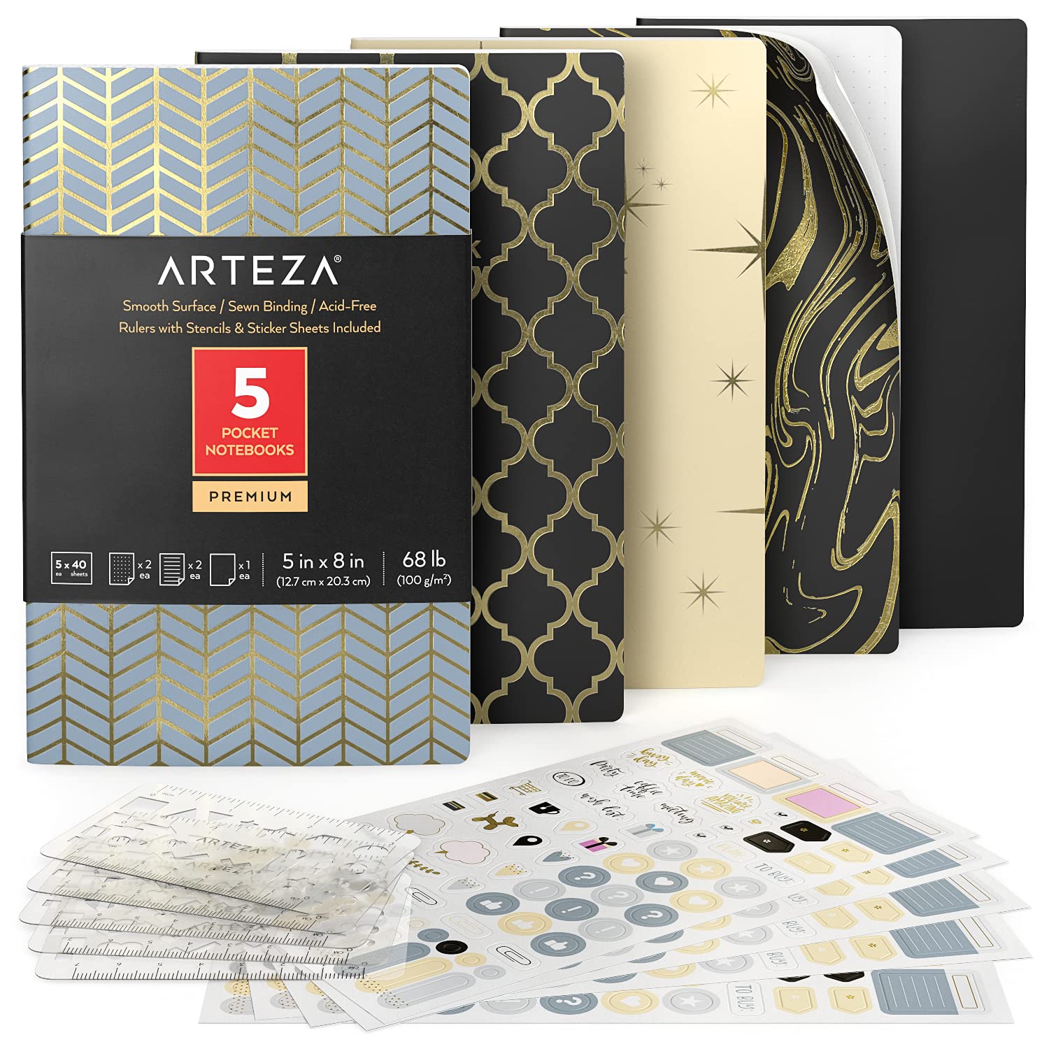 ARTEZAPocket Notebooks, 5 x 8 Inches, Set of 5, 40 Sheets Each, Moroccan Designs, 2 Dotted, 2 Ruled and 1 Blank Softcover Journal with Smooth Paper