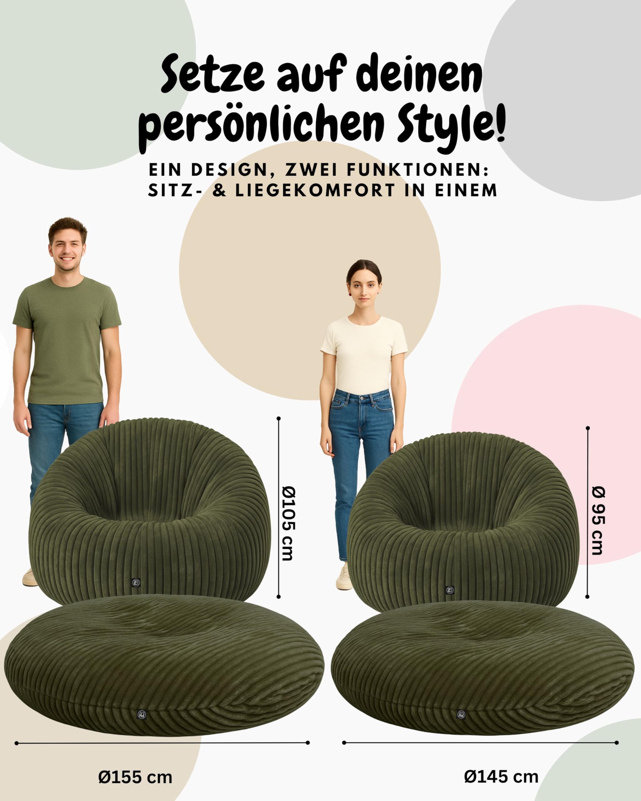 PATCH HOME Deluxe 2 in 1 Cord Sitzsack Sessel Bean Bag – Gaming Sitzsäcke für Erwachsene & Kinder mit Reißverschluss – Bereits befüllt – Ideal zum Sitzen und Liegen (Olivegrün, Ø155 cm)