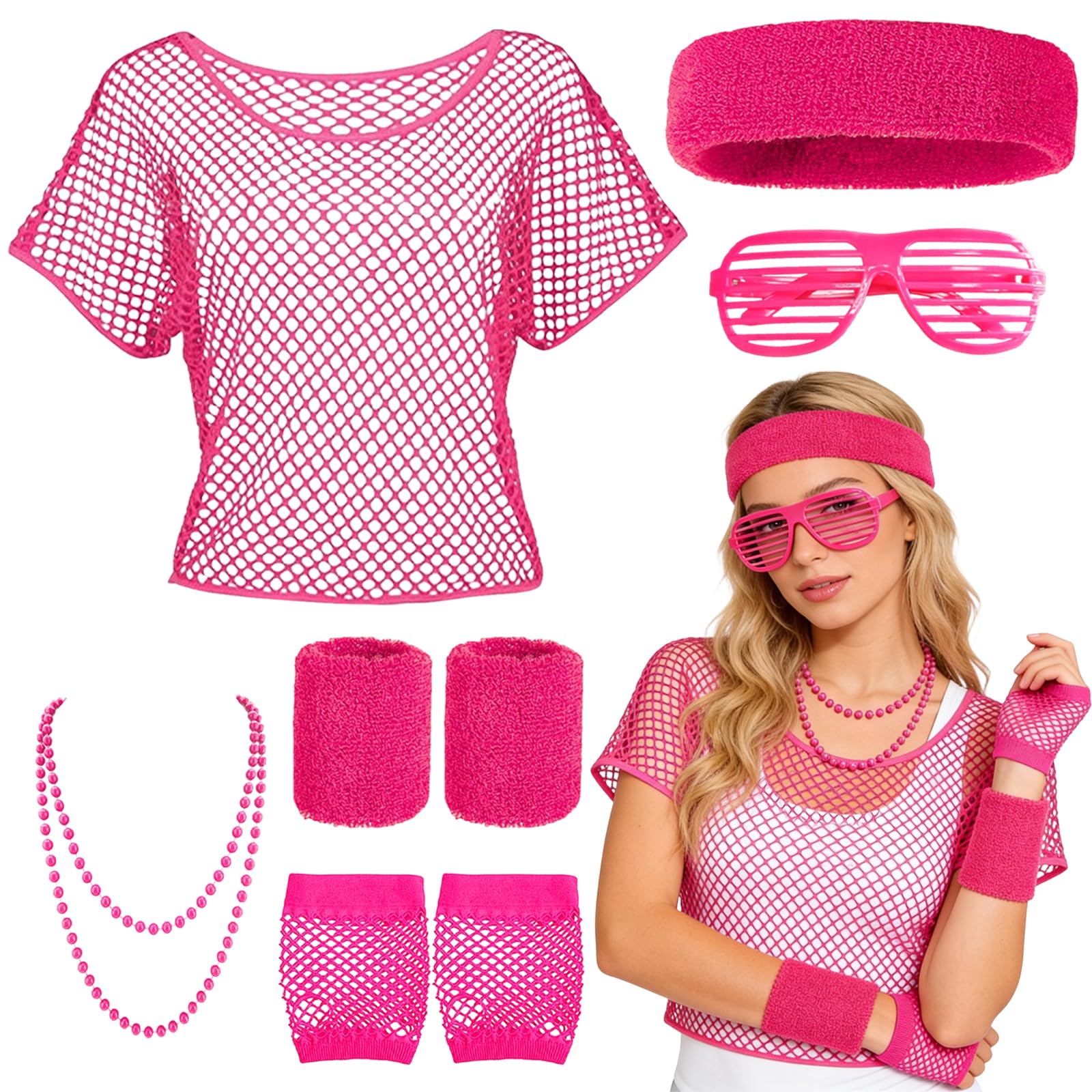 6 Piezas Disfraz Años 80 Mujer, Camiseta Rejilla Red de Neón, Guantes de Malla Diadema Muñequeras, Juego de Disfraces para Traje de Fiesta