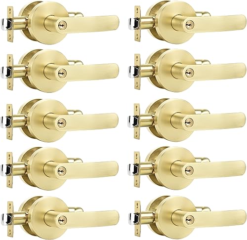 Leydebong Paquete de 10 manijas de puerta de entrada de color dorado claro (con llave similar), perillas de puerta interior resistentes, cerraduras