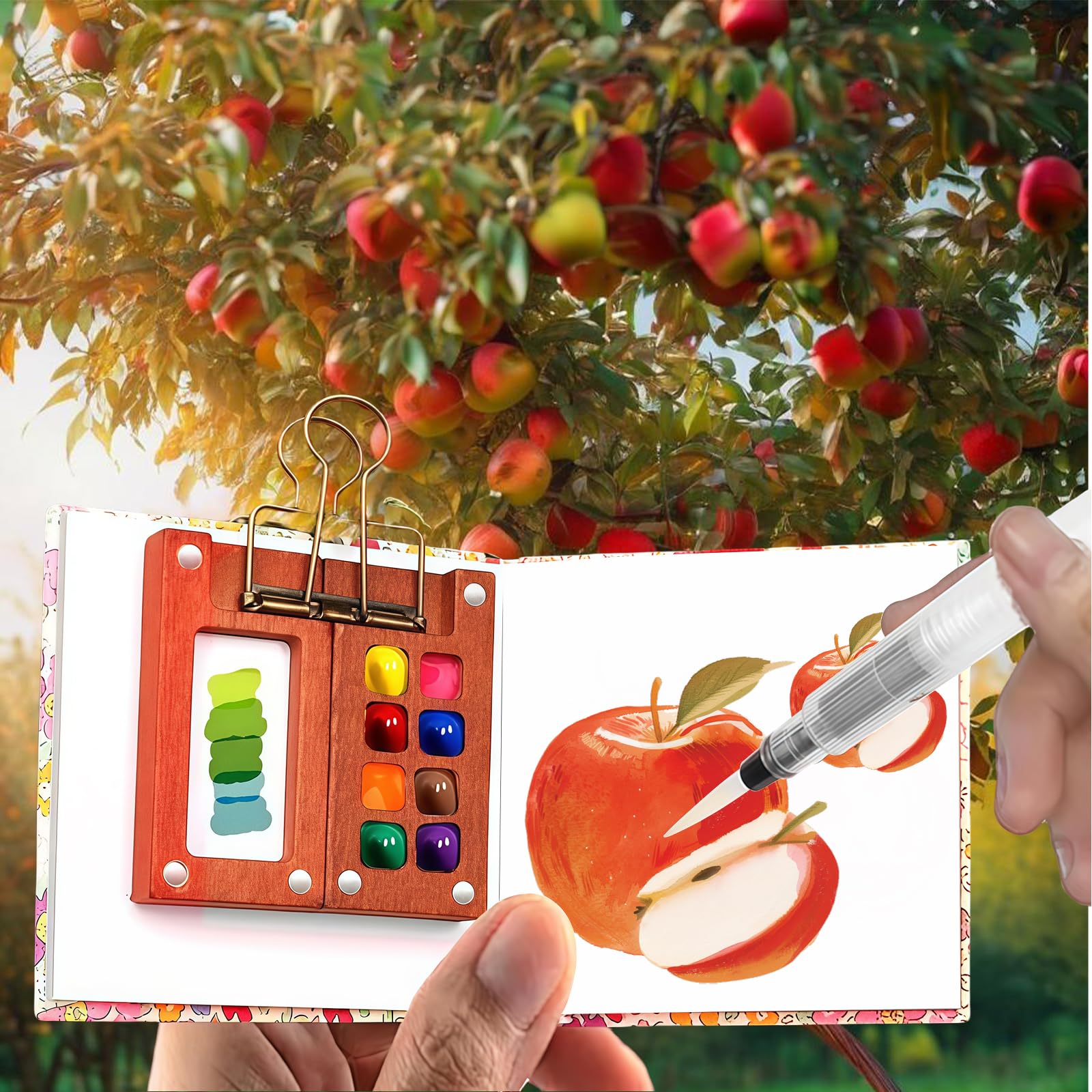 Yamobi Kit tavolozza per pittura ad acquerello in miniatura a 8 griglie, mini scatole da pittura ad acquerello, portatili, per acquerello, tavolozza di legno