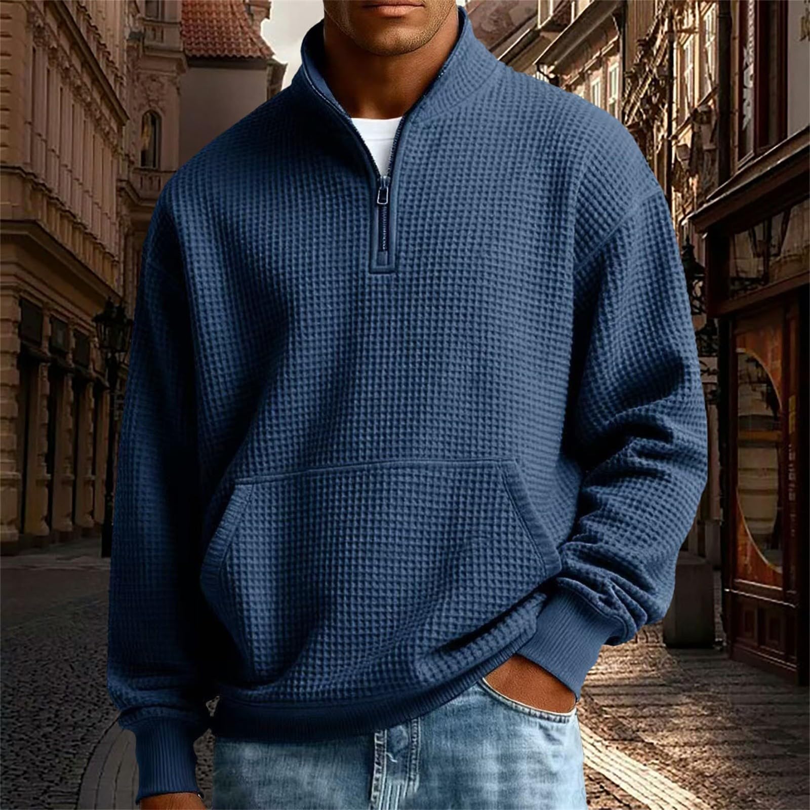 Sudaderas de Hombre Sudadera Informal de Manga Larga para Hombre, Estilo otoño/Invierno, con Cremallera 4/1 y sin Capucha. Sudadera Navidad Familia