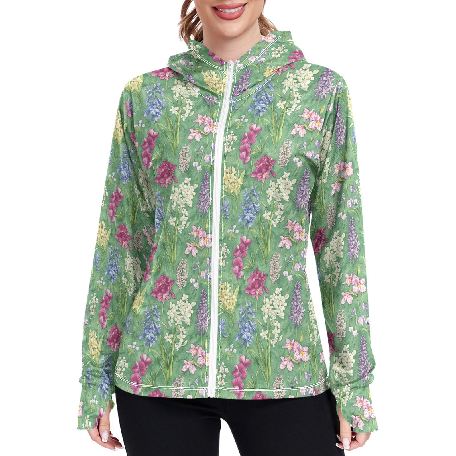 Womens Sun Protection Hoodie Jacket Lightweight Long Sleeve Zip Up Jackets for Women Clothing for Hiking Golf Cycling XXL Spring Flowers Orchid