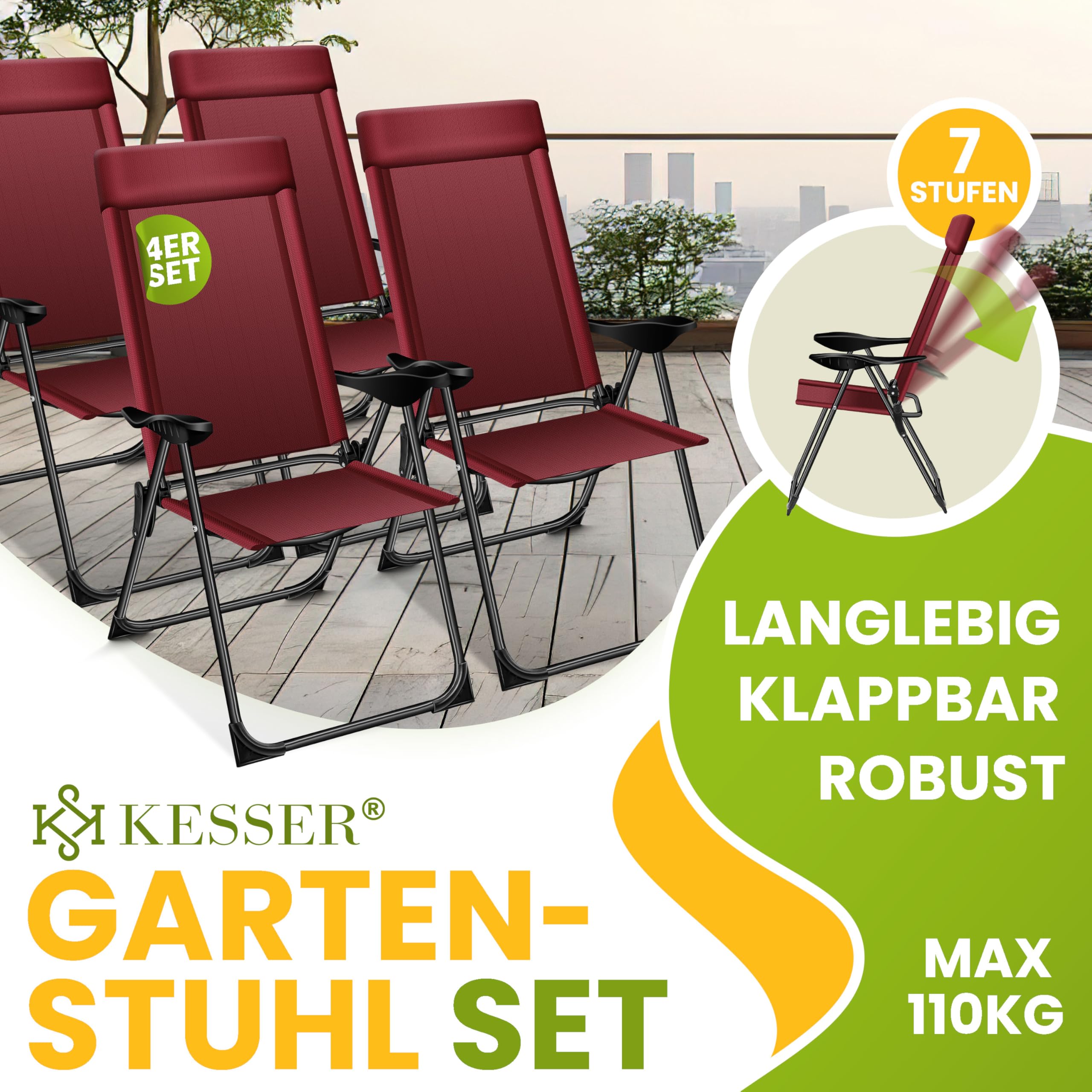 KESSER® Set van 4 tuinstoelen aluminium klapstoel met hoge rugleuning 7-voudig verstelbaar met armleuningen Ademend opvouwbare campingstoel balkonstoel opvouwbare fauteuil tuinterras, Bordeaux