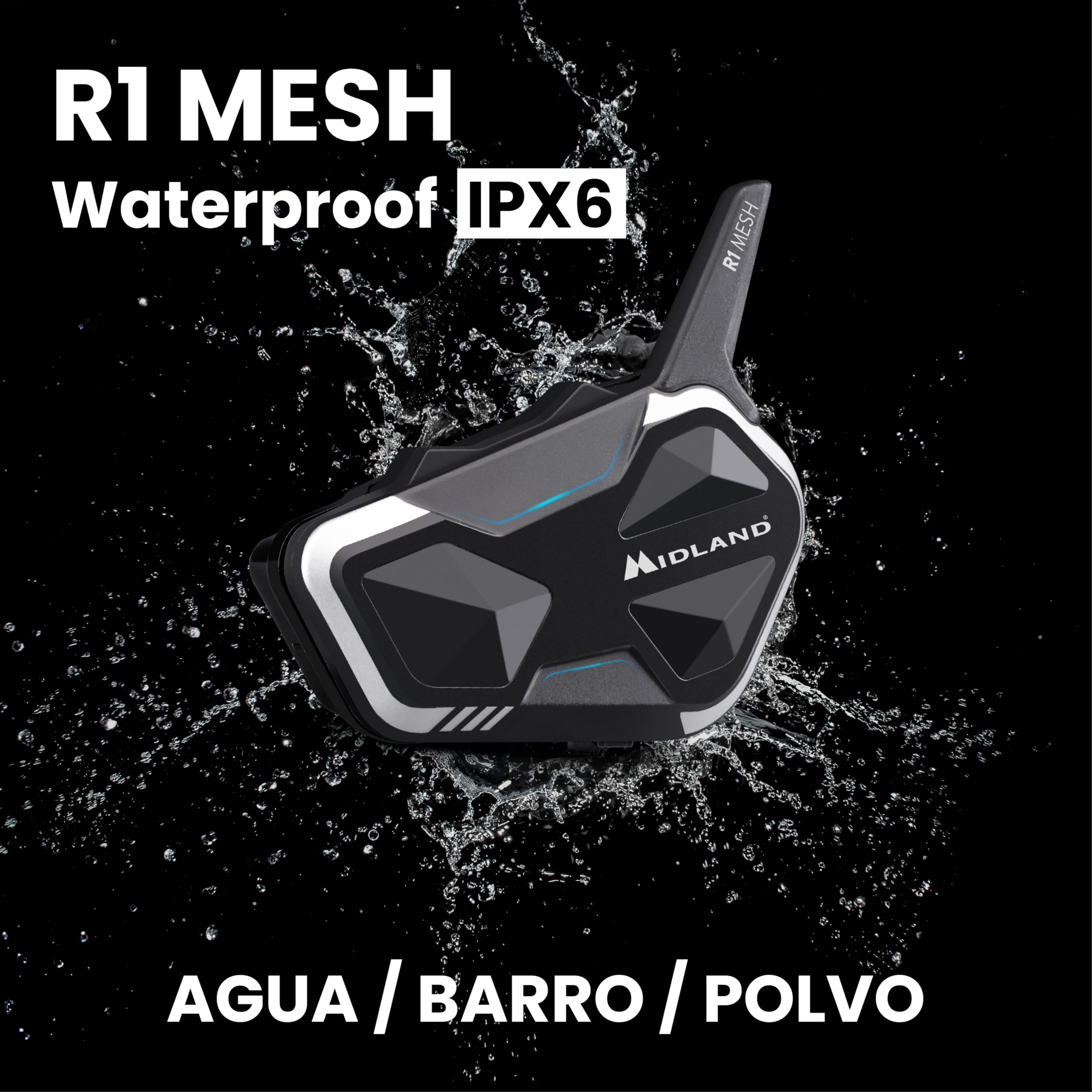 MIDLAND - R1 Mesh Intercomunicador Casco Moto, 2 Auriculares Inalámbricos Bluetooth + Mesh, Waterproof IPX6, Alcance 500m, 23H, Audio RCF, Stereo Background, Compatible con TFT y Radio FM, 6 Personas