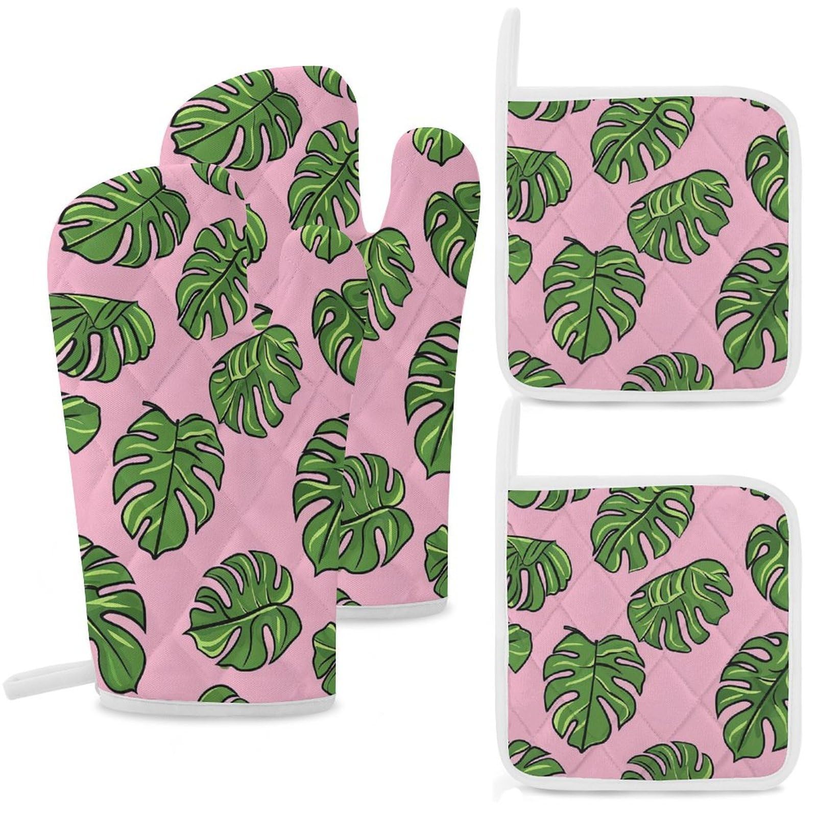 Oven Mitts and Pot Holders Set of 4 Heat Resistant Non-Slip Kitchen Gloves Hot Pads Bold Outline Leaves Mittens Gloves Non-Slip Potholders for Cooking Baking Grilling BBQ