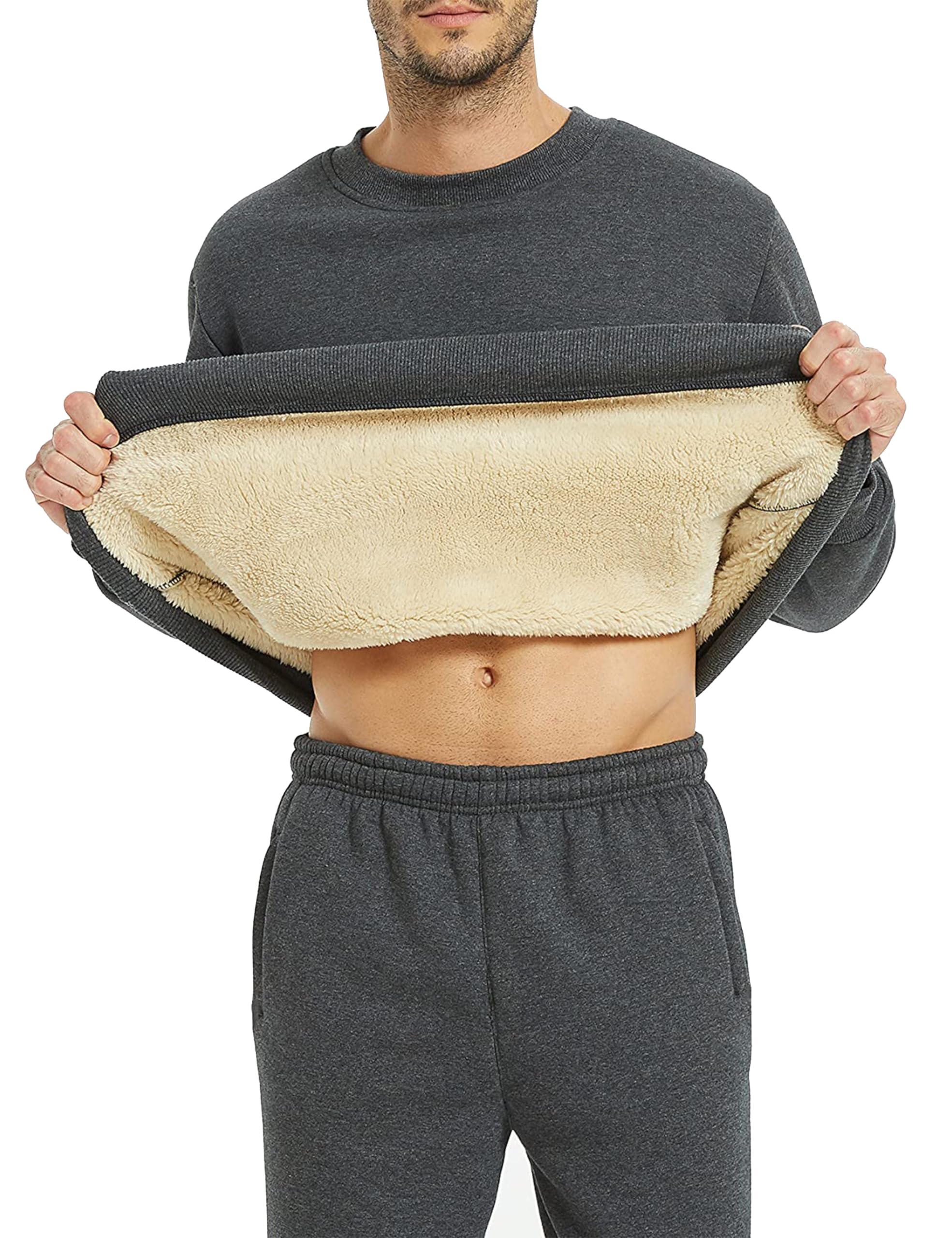 Mens Fashion Warm Fleece Crewneck Sweatshirt Thick Sherpa Lined Pullover Tops