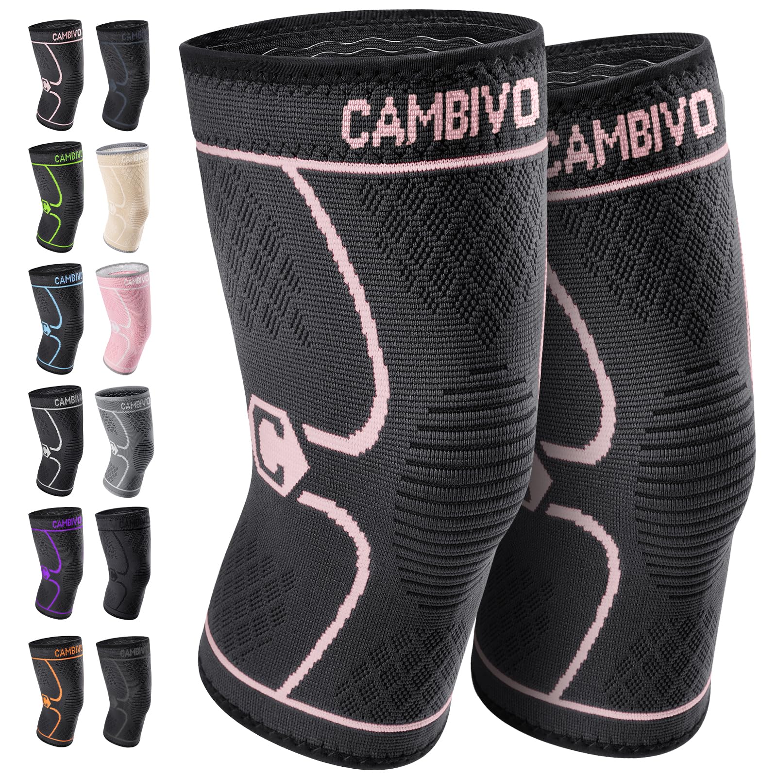 CAMBIVO 2 Pack Knee Brace, Knee Compression Sleeve for Men and Women, Knee Support for Running, Workout, Gym, Hiking, Sports (Pink,X-Large)
