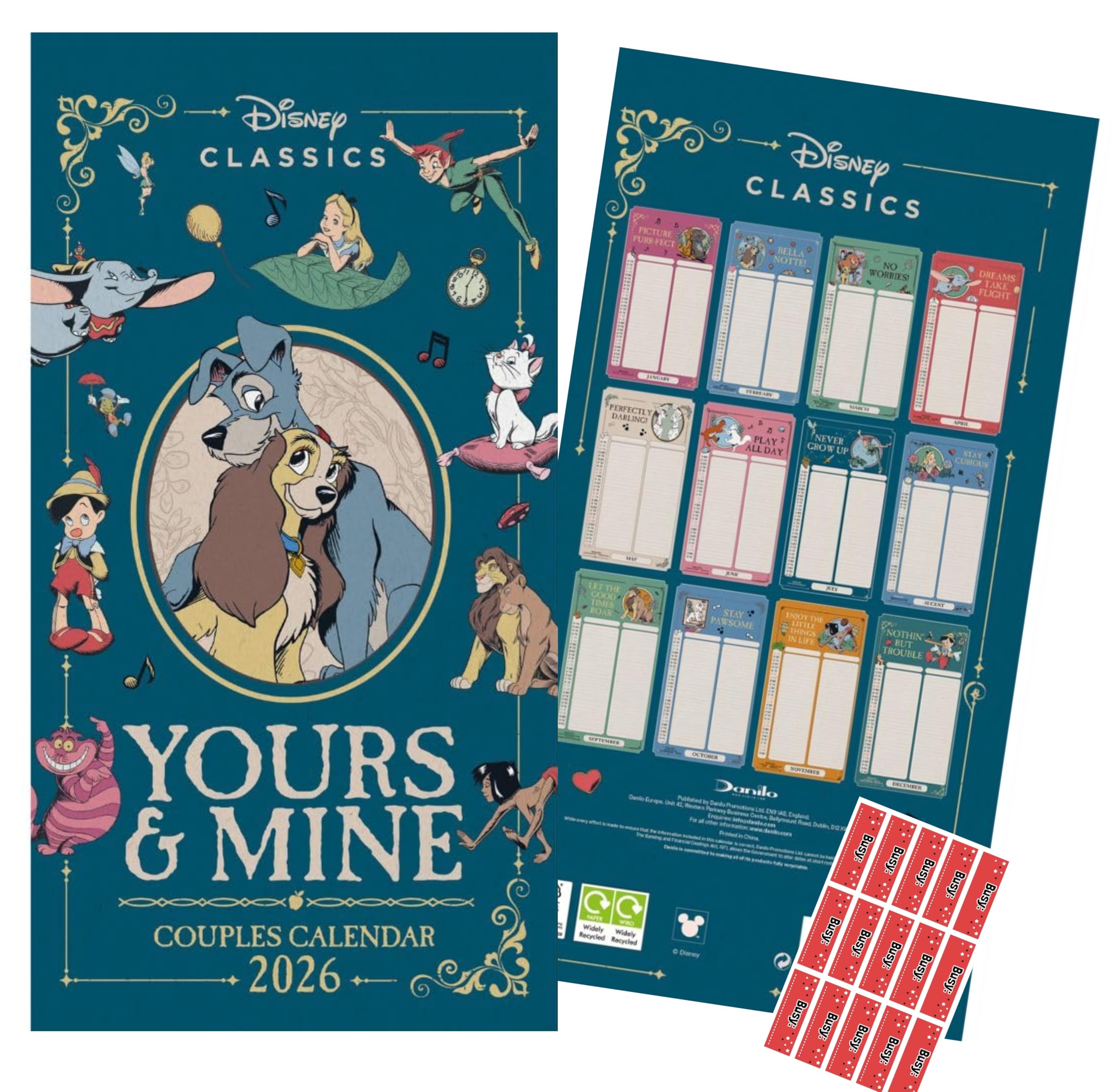 Disney Yours & Mine Couples Calendar 2026 Slim Calendar with Free Organising Stickers Included