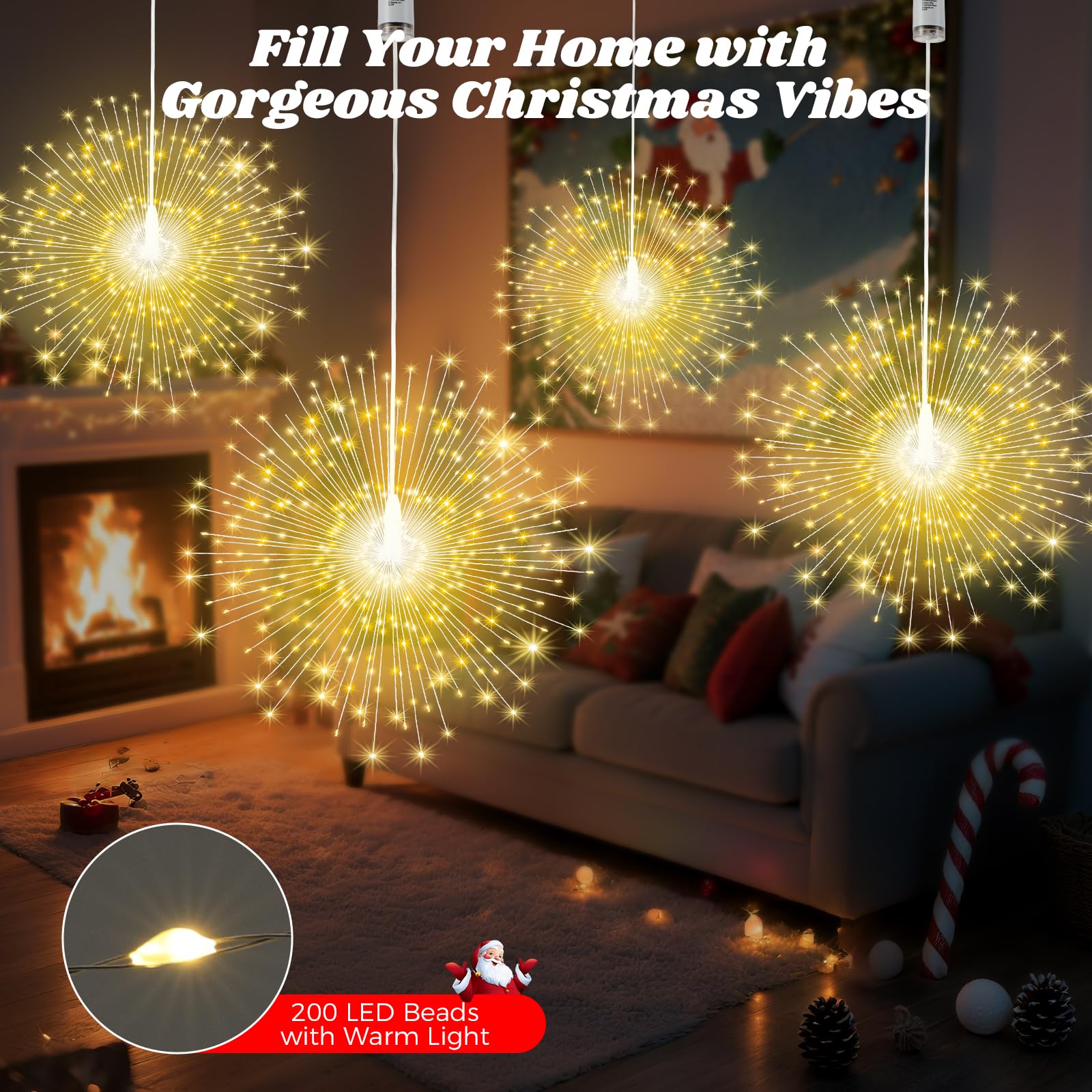Lewondr Luci Fuochi D'Artificio Natalizi, 4PCS Luce Appendibili Fate Con Telecomando, 200 Luci LED, 8 Modalità, Luce A Stringa Stelle Impermeabili Per Interni Esterni Decorazione, Bianco Caldo