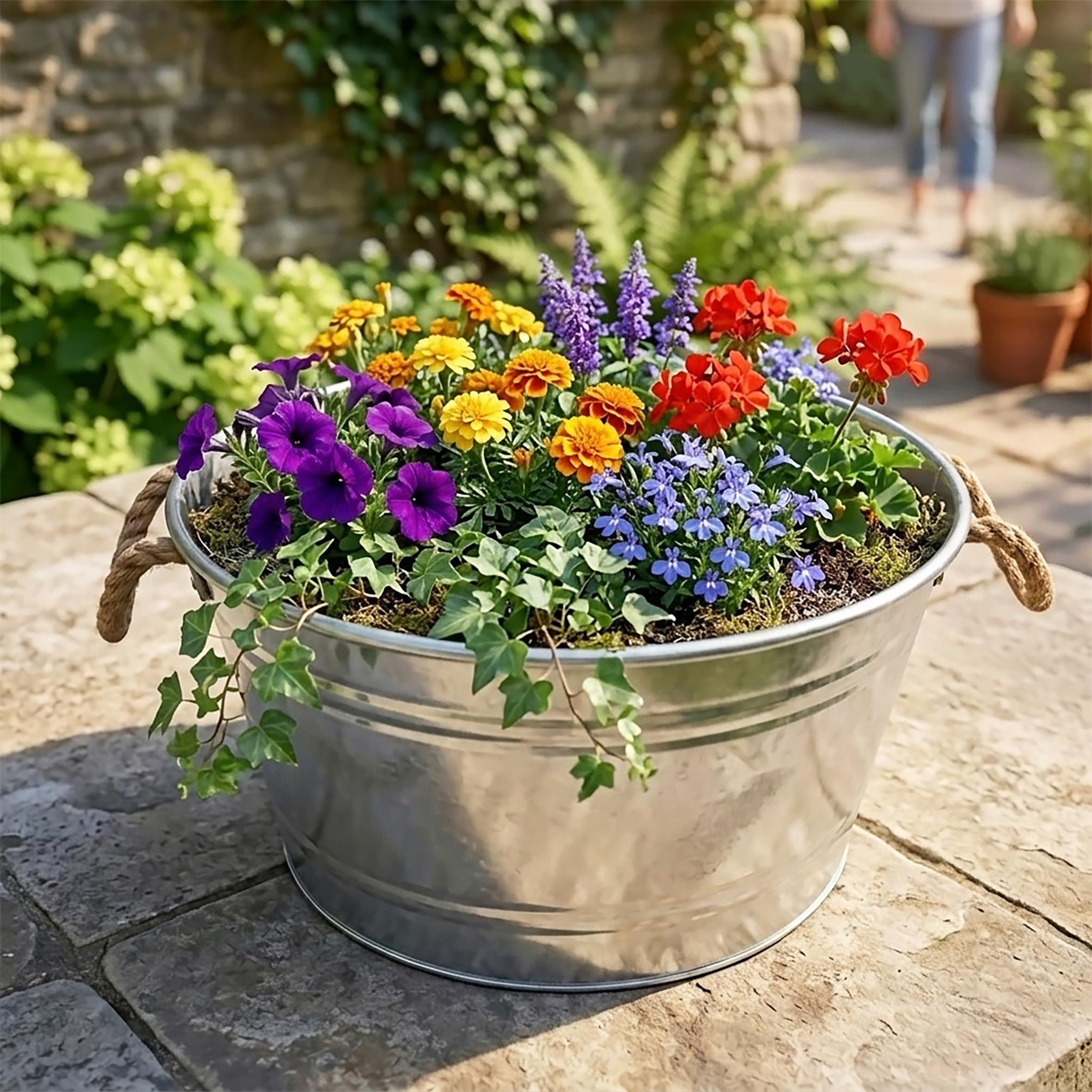 Spetebo Bandeja de zinc para estanque ornamental, 25 L, con asas de cuerda de yute, 45 x 22 cm, cuenco redondo plateado galvanizado para jardín, mini estanque de jardín, macetero, macetero, decoración