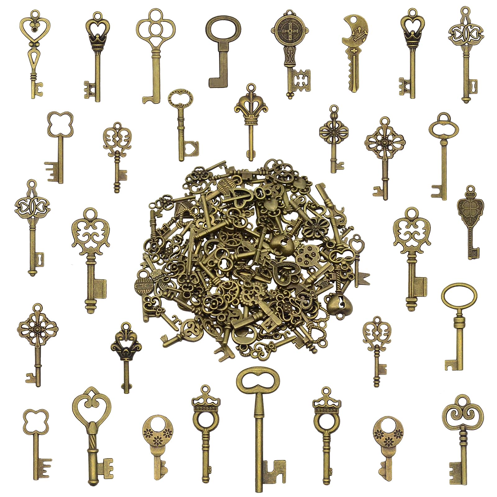 AebDerp 125 Pcs Mixed Vintage Skeleton Key Small Handmade Charms Old Bronze Pendant Set for DIY jewellery Making Wedding Favours Mini Rustic Room Decor Steampunk Craft Party Supplies