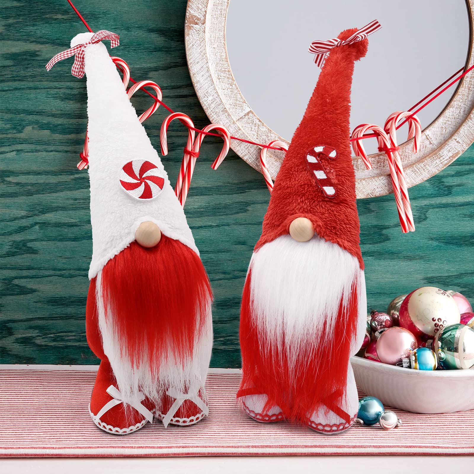 Upltowtme Candy Cane Gnomes Christmas Gnomes Tiered Tray Peppermint Decor Nordic Swedish Nisse Elf Dwarf Mantel Shelf Sitter Set of 2