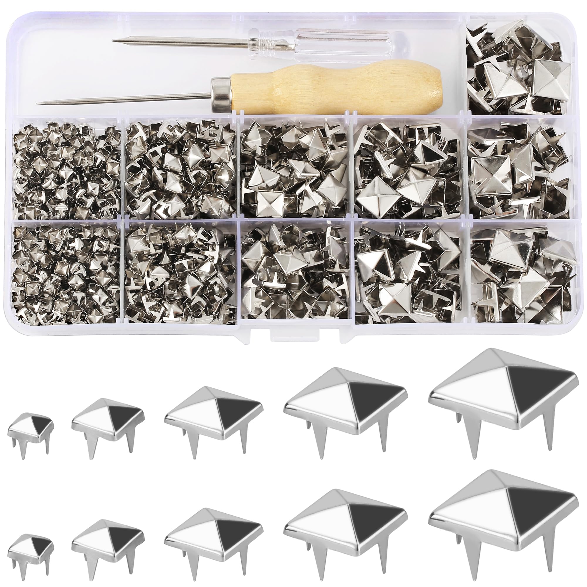 YORANYO 968 Pcs Assorted Sizes Square Pyramid Studs Prong Studs for Clothing Leather Rivet Kit Spikes and Studs for Leather Craft Clothing Belts Bags Shoes Bracelets Dog Collar Accessories (Silver)