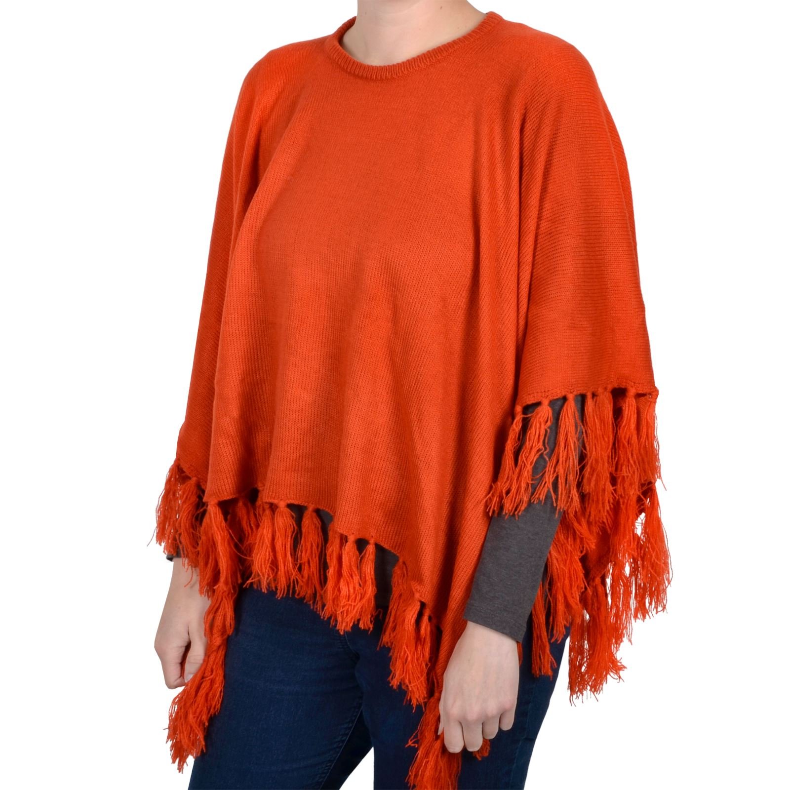 Pia Rossini Women's Orange Poncho With Tassel Fringe Addison Style Navy One Size Winter Wardrobe Knitwear