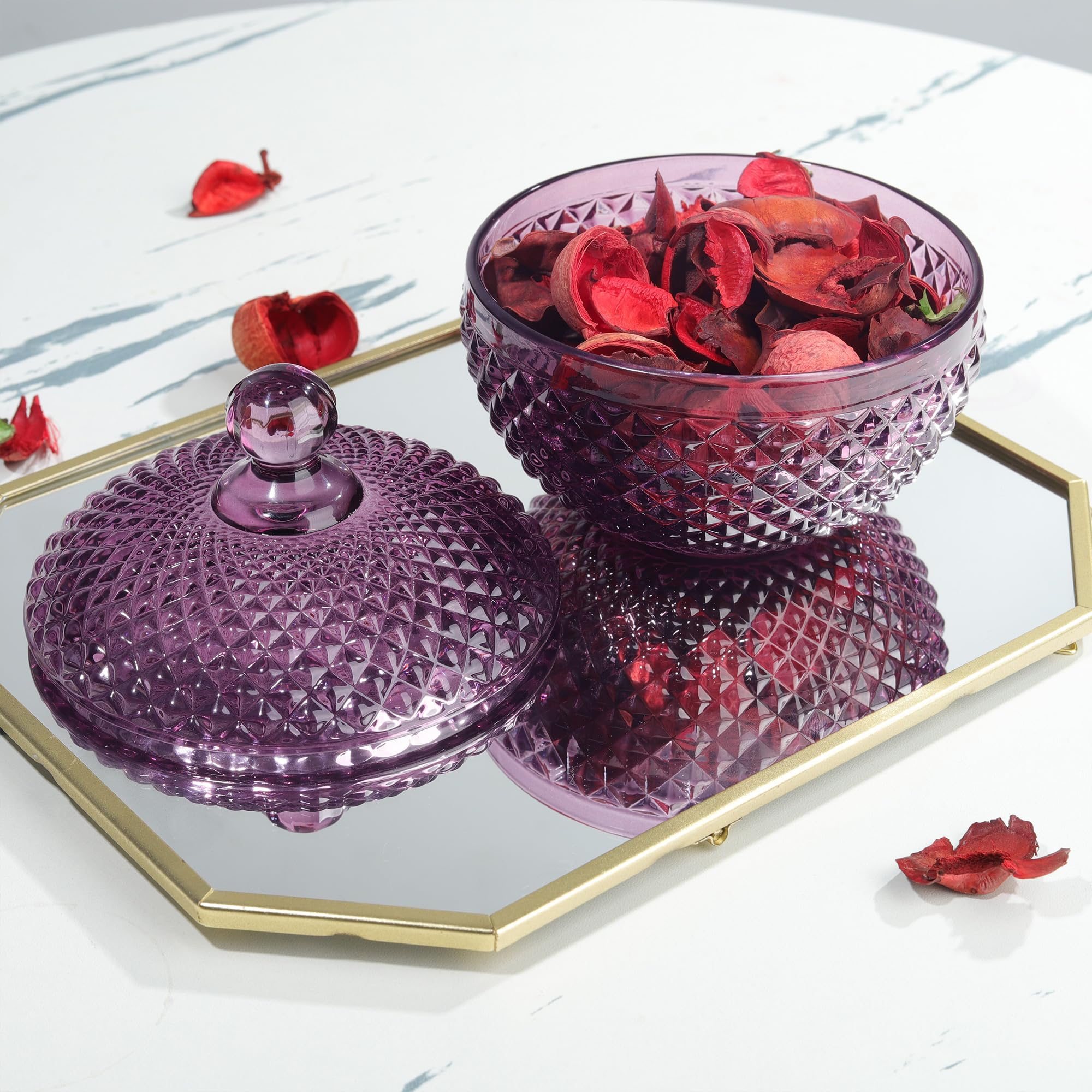 Joeyan 350ml Zuckerdose Lila,Bonboniere Glas mit Deckel,Klein Glasschale für süßigkeiten,Candy Jar für Kekse Schokolade,Dekorative Bonbonschale für Hochzeit,Party,Buffet,Vorratsgläser für Haus Küche