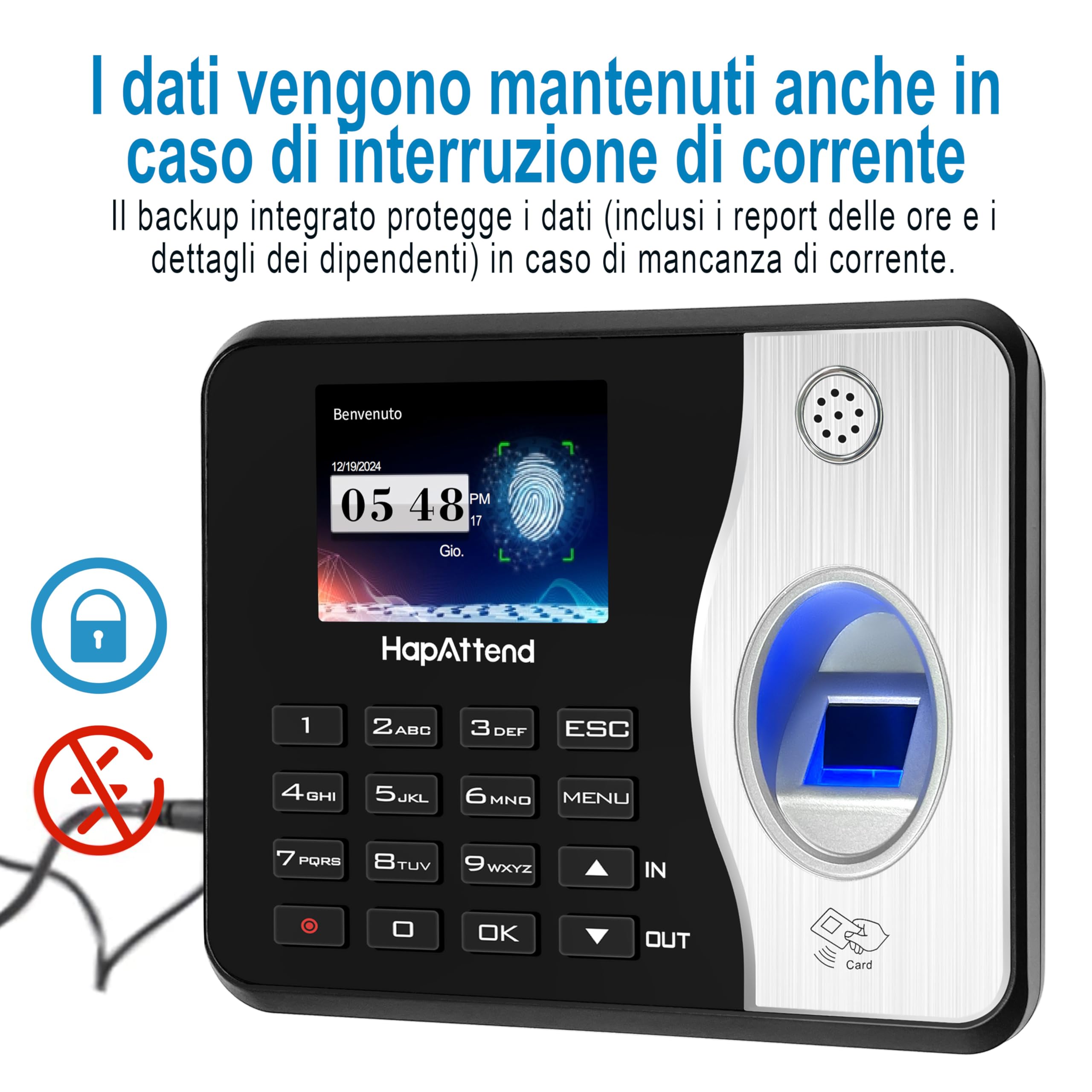 Rilevatore presenze, HapAttend Italiano timbracartellini lettore con impronte digitali e 5 badge RFID, H3 timbratrice presenze dipendenti Checking-in registratore orologio tempo per piccole imprese