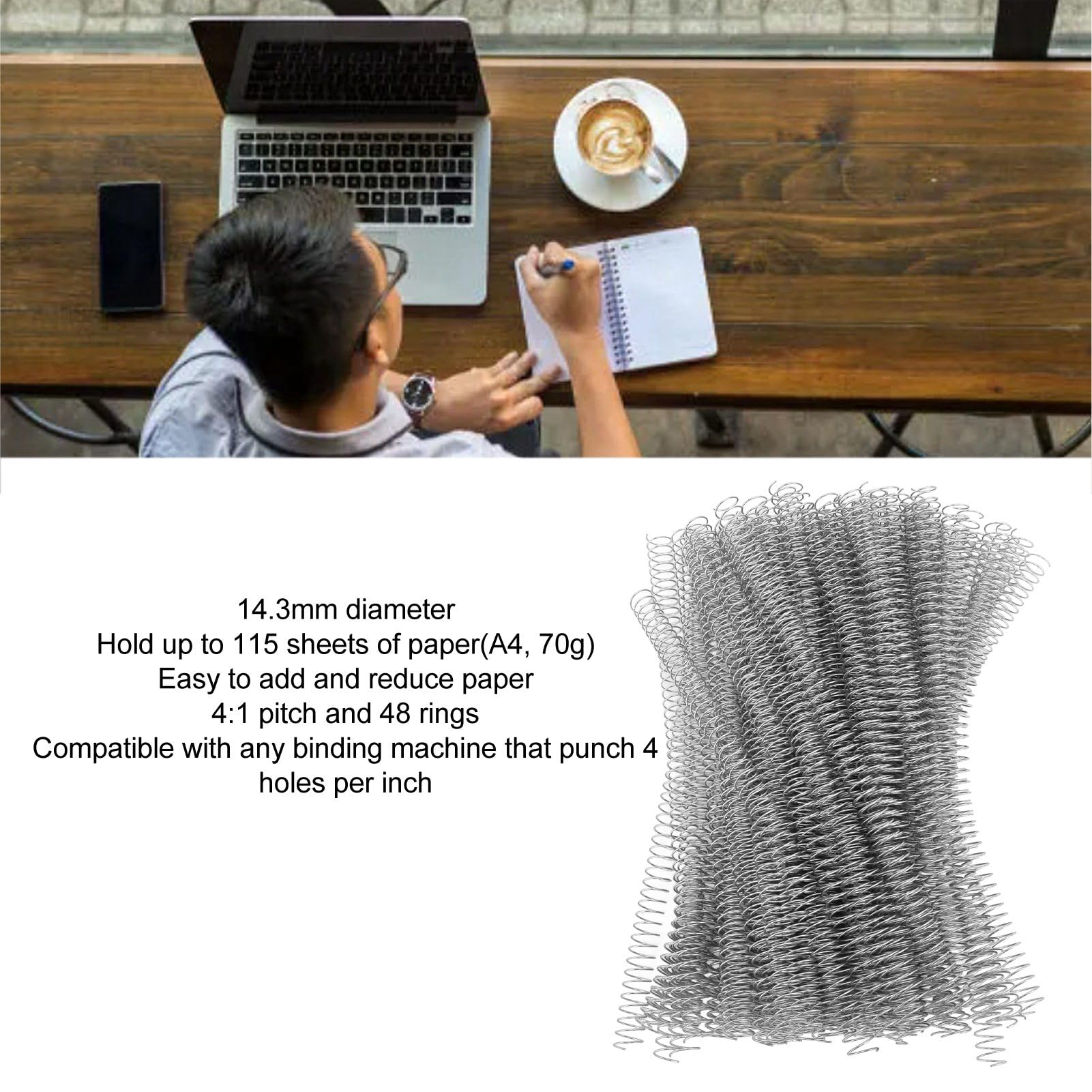 100 Bobine di Rilegatura a Spirale in Plastica 14,3 Mm 48 Denti Rapporto 4:1 Capacità di 115 Fogli con Rotazione di 360 Gradi per Carta in Formato A4 Letter (Argento)